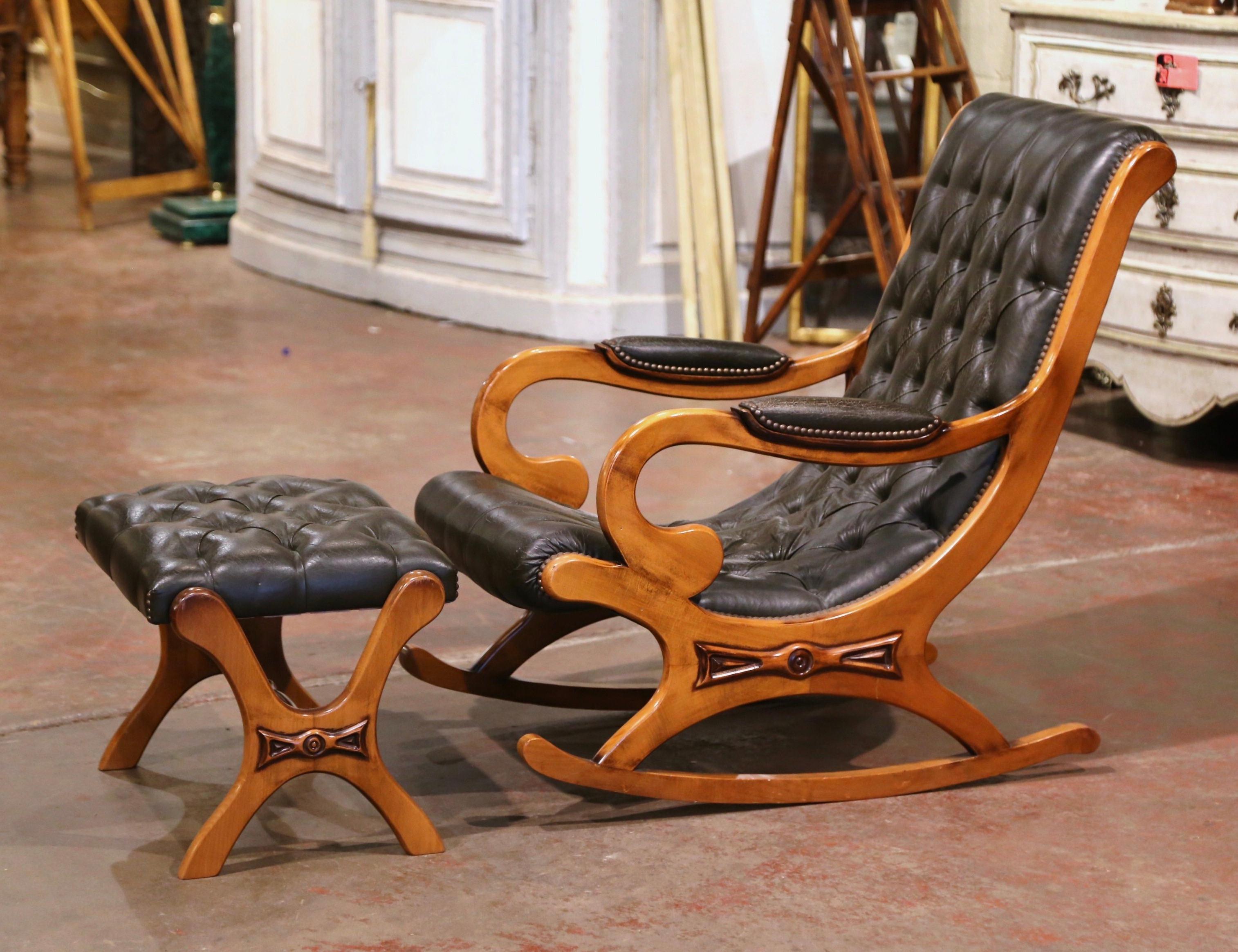 Midcentury French Carved Cherry and Leather Rocking Armchair with Footstool In Good Condition In Dallas, TX