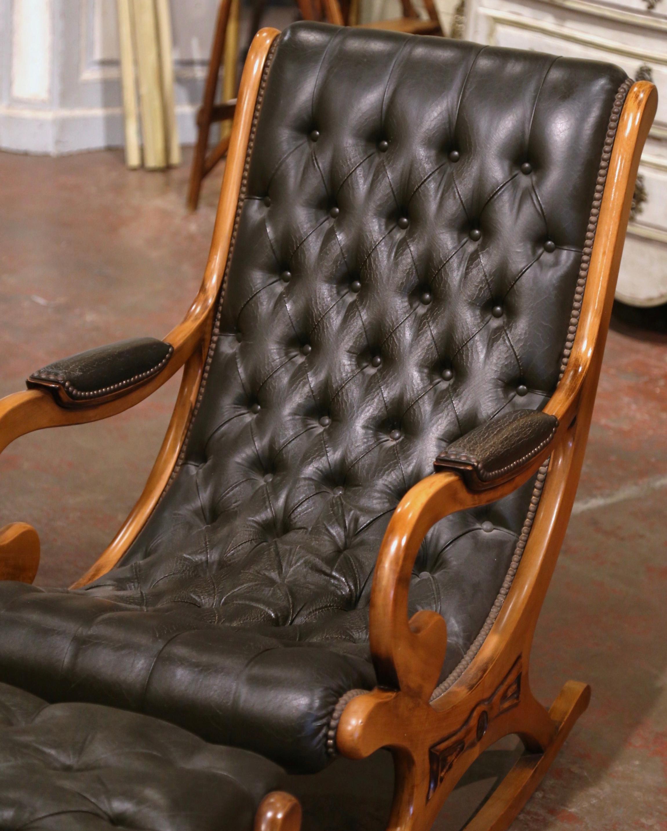 Midcentury French Carved Cherry and Leather Rocking Armchair with Footstool 2