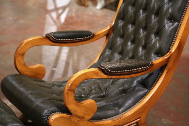 Midcentury French Carved Cherry and Leather Rocking Armchair with Footstool  at 1stDibs