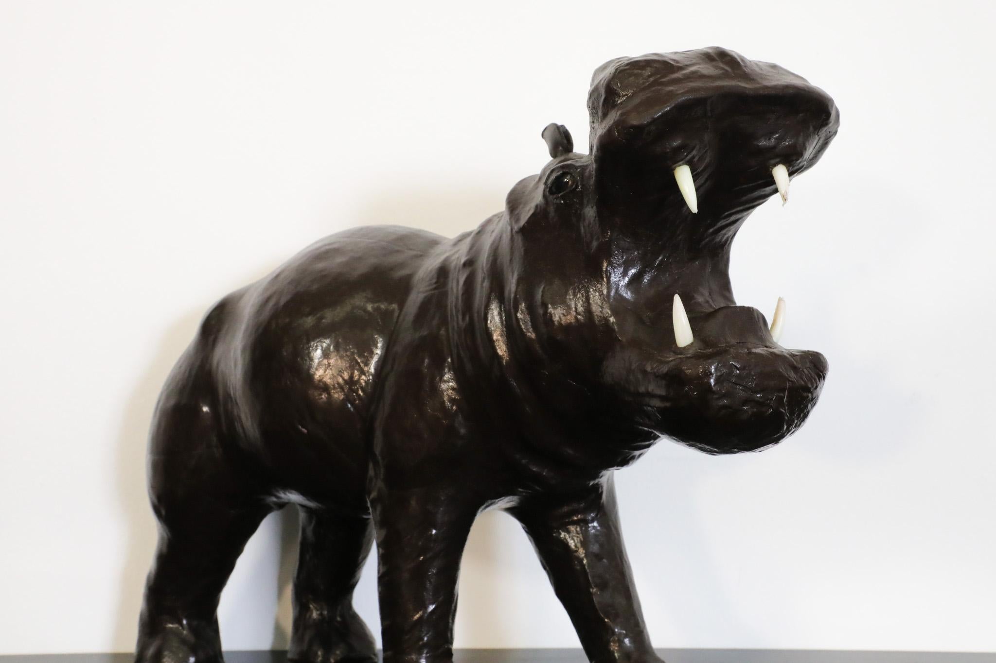 Mid-Century French Carved Dark Brown Patinated Leather Hippopotamus Sculpture 5