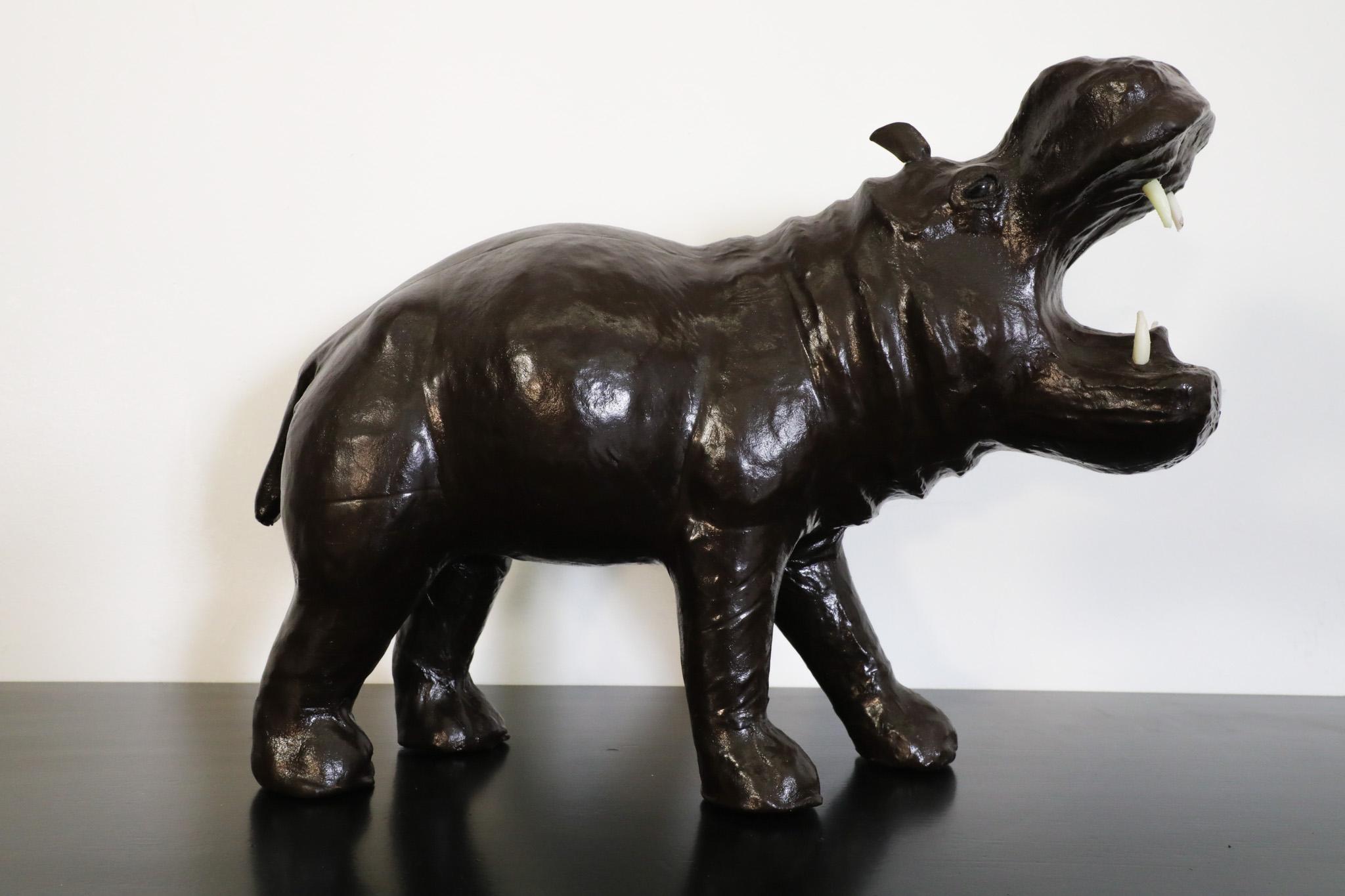 Mid-Century French Carved Dark Brown Patinated Leather Hippopotamus Sculpture 6