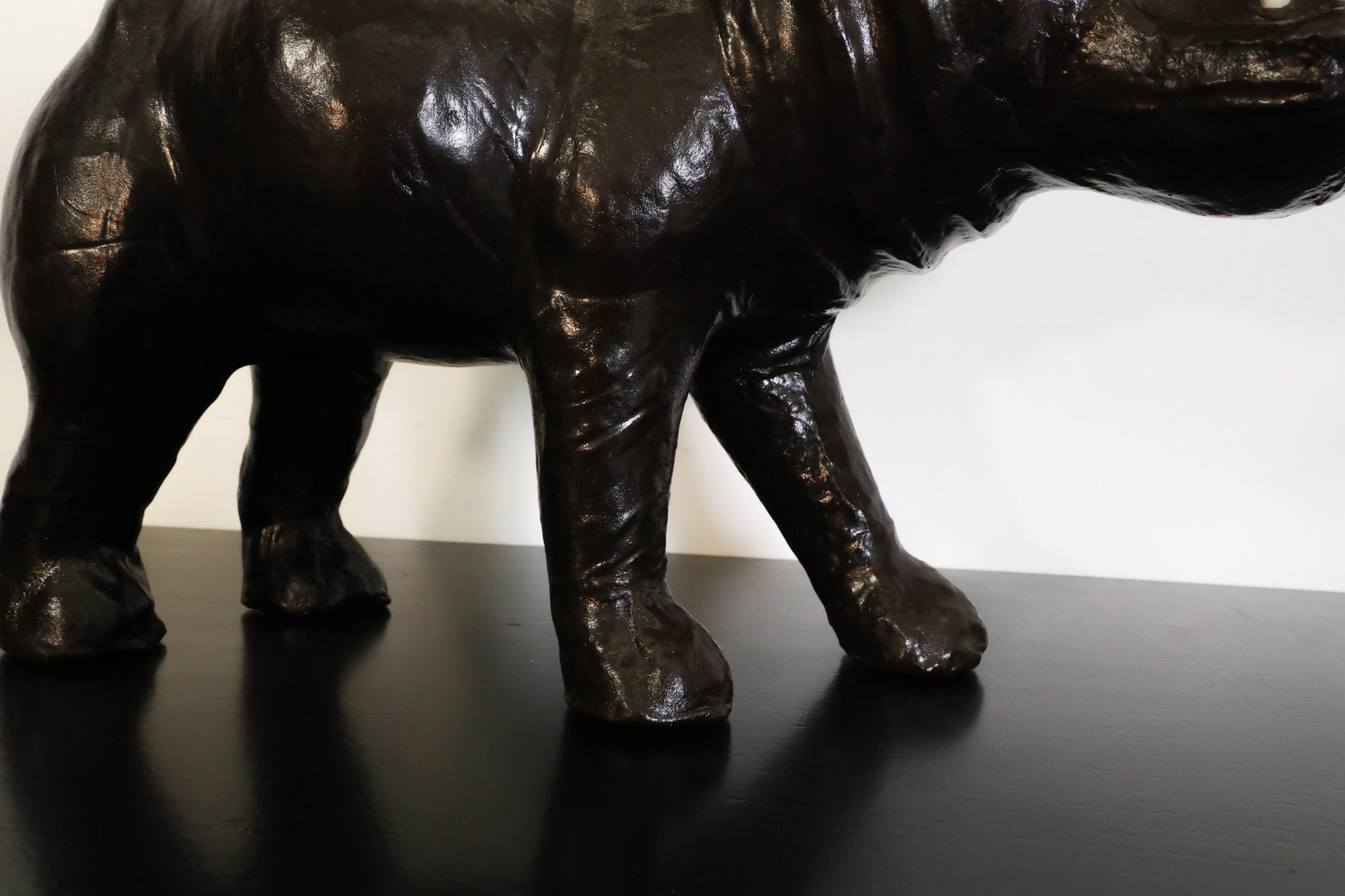 Mid-Century French Carved Dark Brown Patinated Leather Hippopotamus Sculpture 7