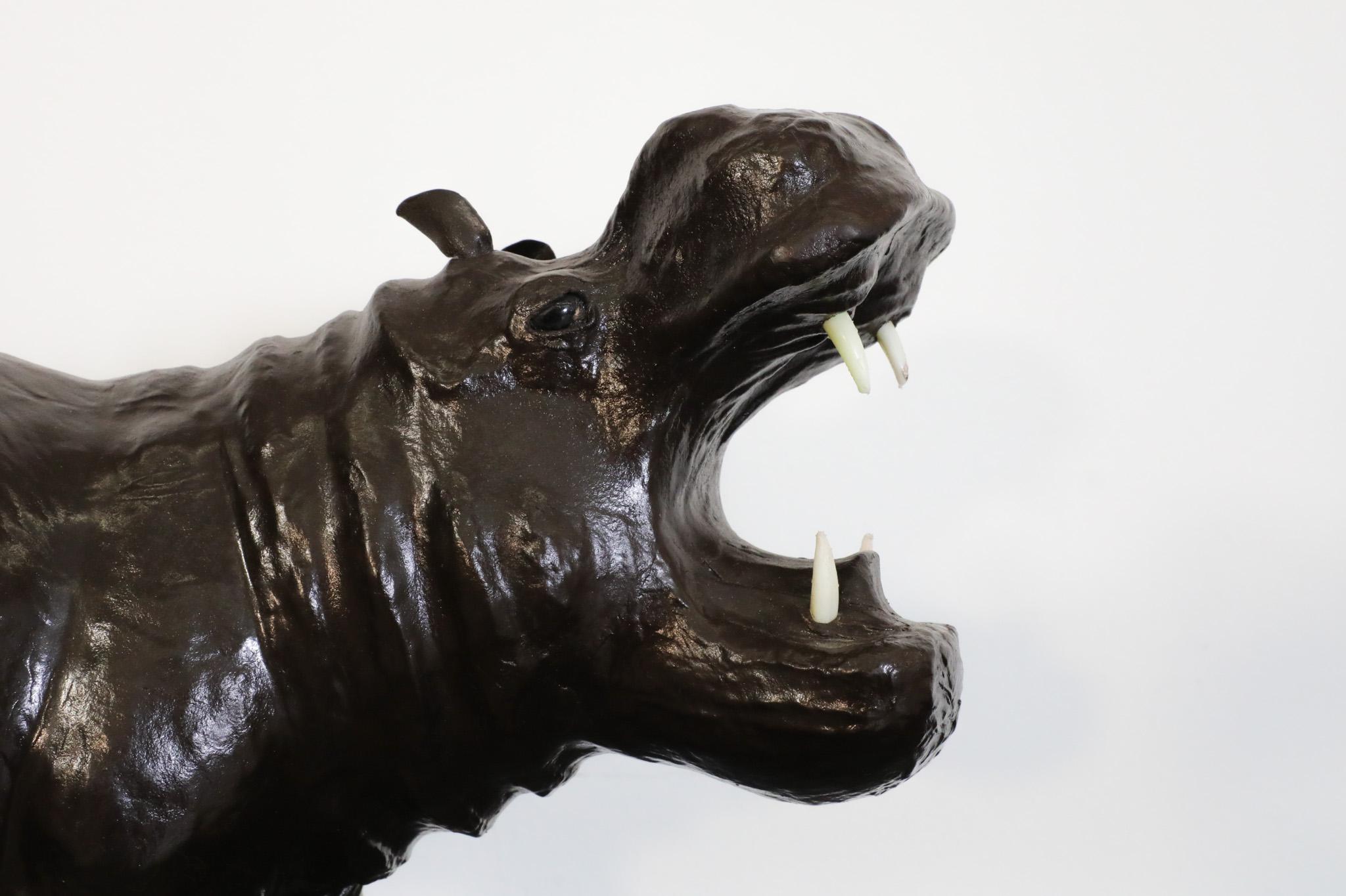 Mid-Century French Carved Dark Brown Patinated Leather Hippopotamus Sculpture 9
