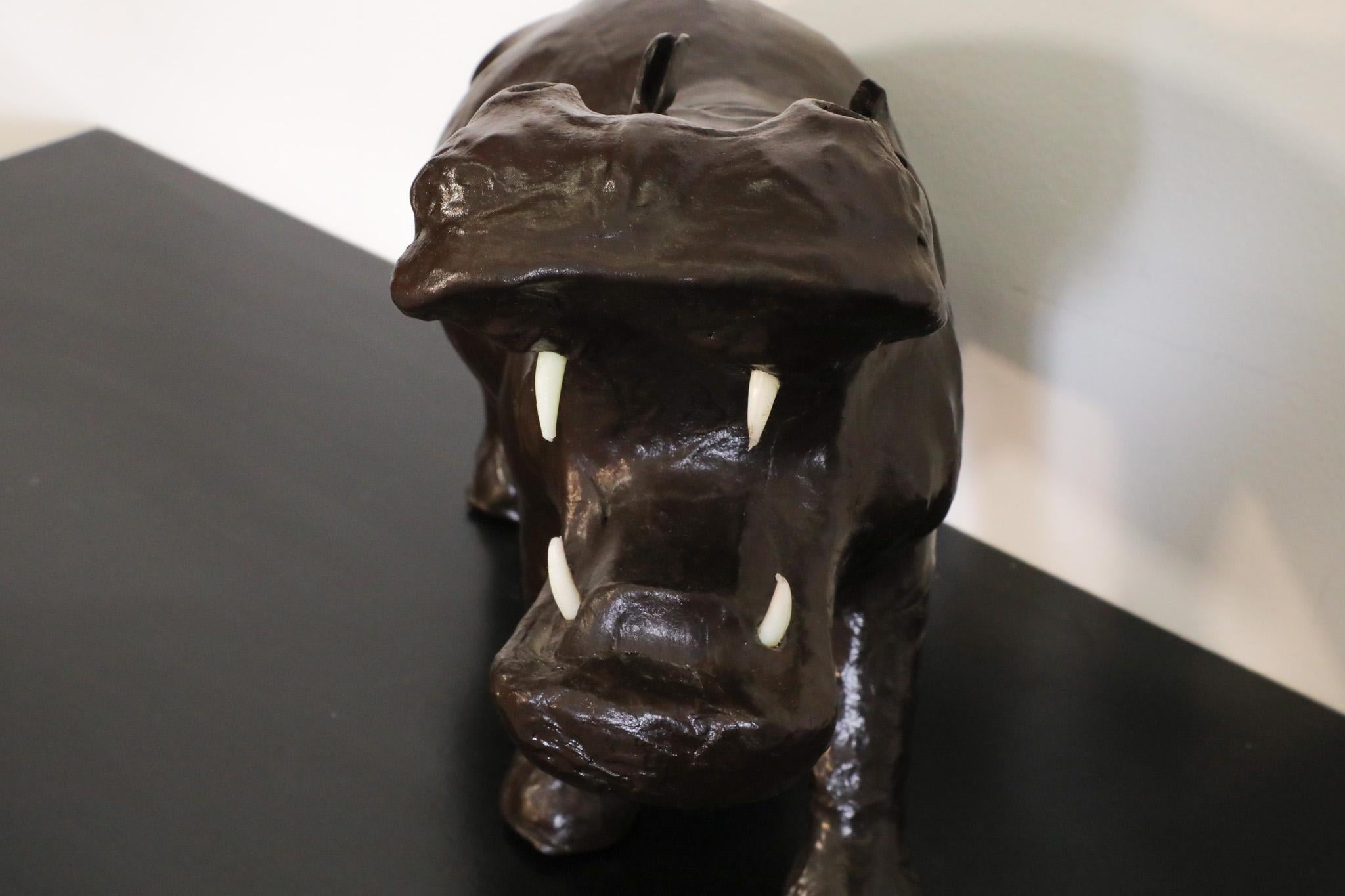 Mid-Century French Carved Dark Brown Patinated Leather Hippopotamus Sculpture 10