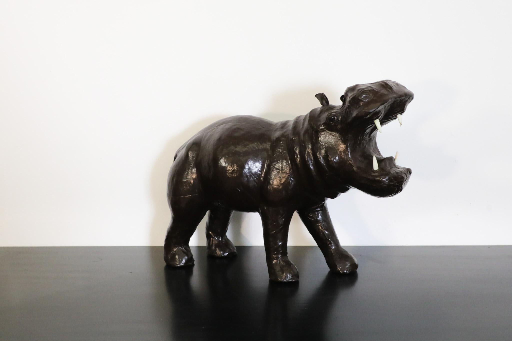 Mid-Century French Carved Dark Brown Patinated Leather Hippopotamus Sculpture 11