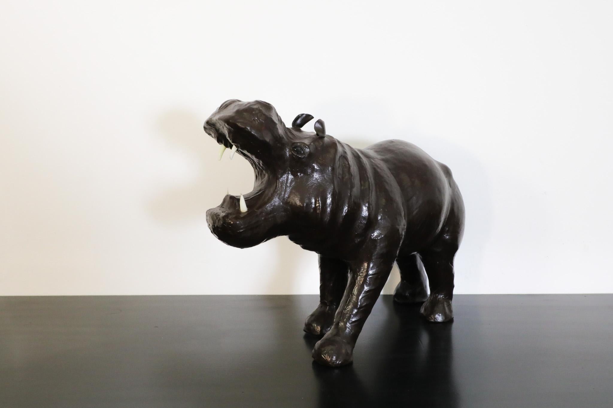 Mid-Century French Carved Dark Brown Patinated Leather Hippopotamus Sculpture In Good Condition In Los Angeles, CA