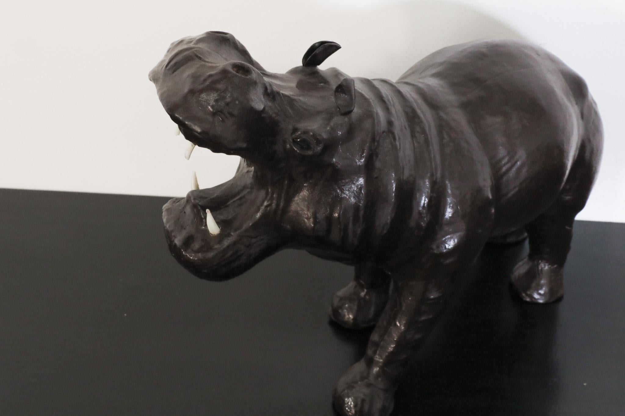 Mid-Century French Carved Dark Brown Patinated Leather Hippopotamus Sculpture 3