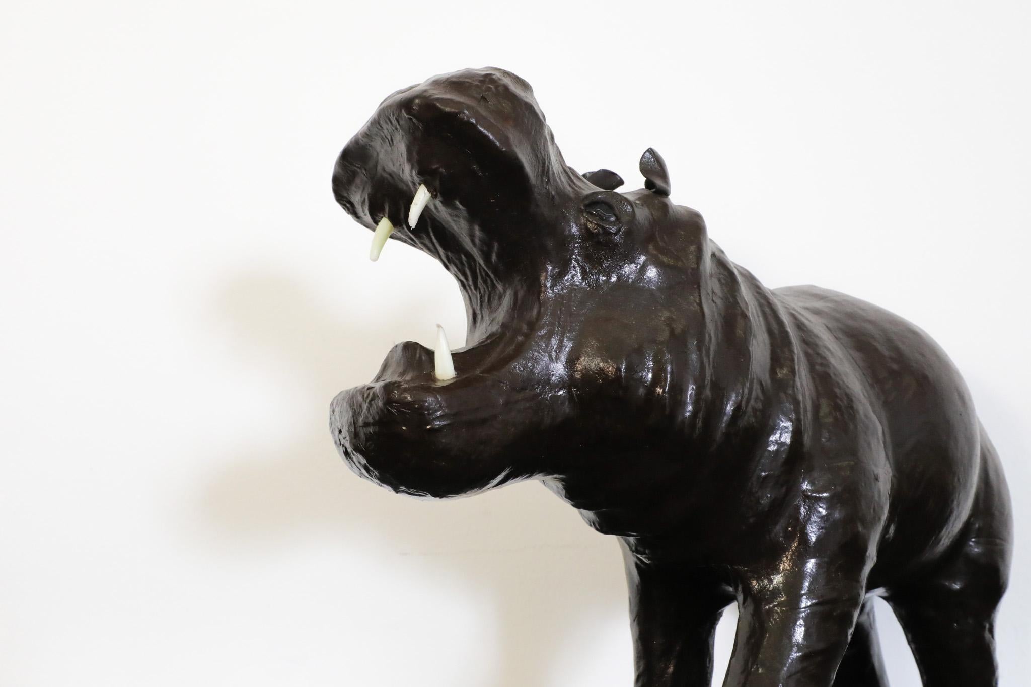 Mid-Century French Carved Dark Brown Patinated Leather Hippopotamus Sculpture 4