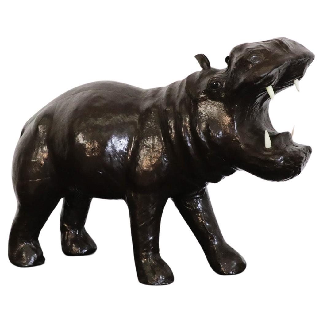 Mid-Century French Carved Dark Brown Patinated Leather Hippopotamus Sculpture