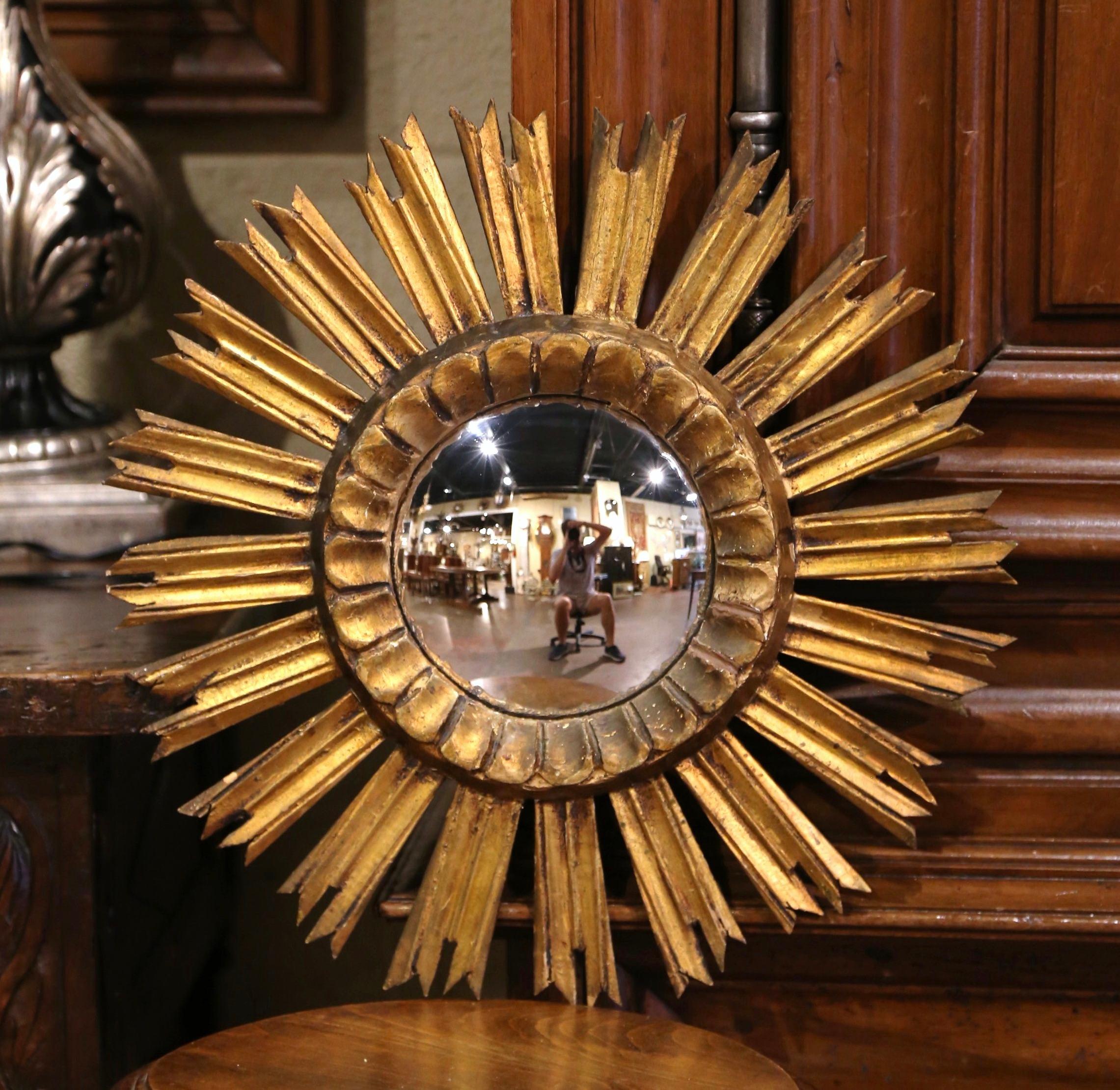 20th Century Mid-Century French Carved Gilt Wood Painted Sunburst Wall Mirror