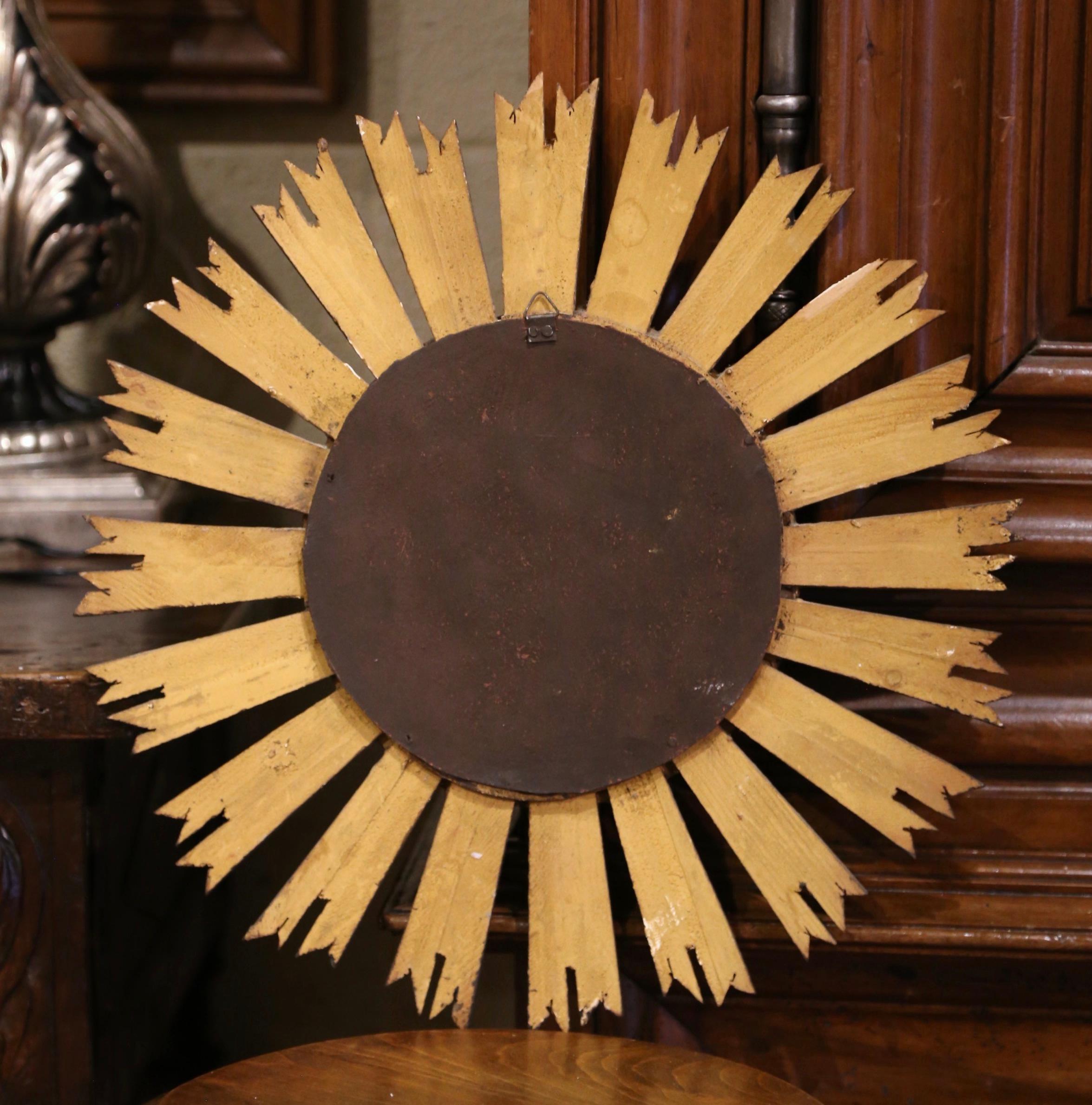 Giltwood Mid-Century French Carved Gilt Wood Painted Sunburst Wall Mirror