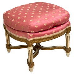 Vintage  Mid-Century French Carved Giltwood and Painted Ottoman In Pink Silk