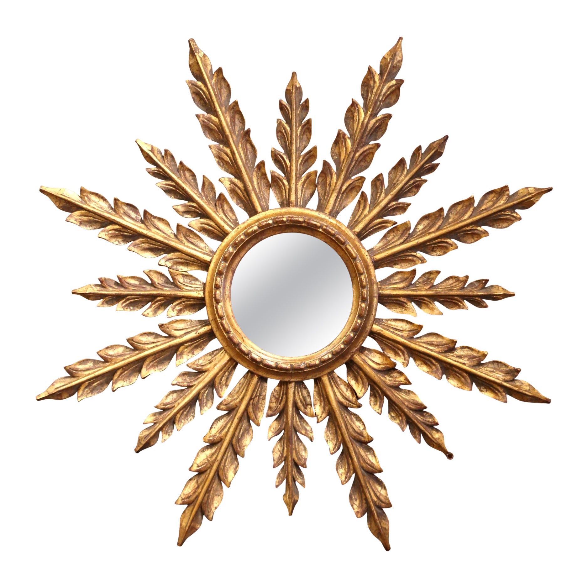 Mid-Century French Carved Giltwood Painted Wall Sunburst Mirror
