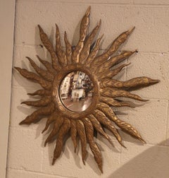 Mid-Century French Carved Giltwood Sunburst Convex Wall Mirror