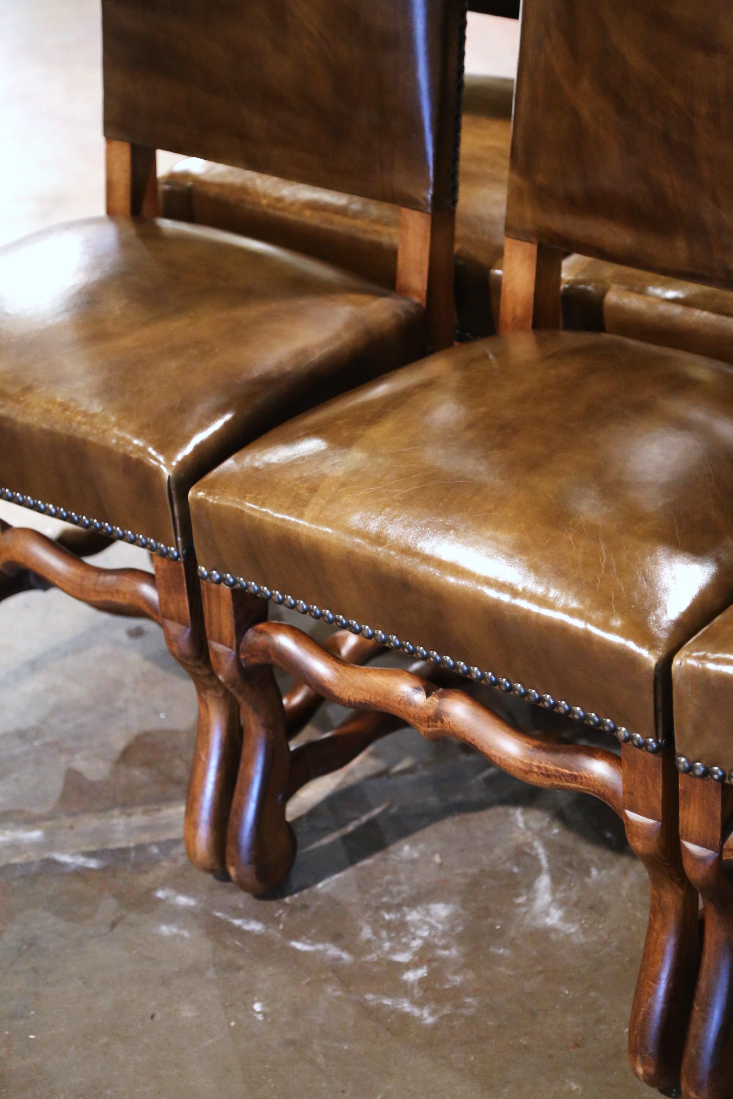 Hand-Carved Mid-Century French Carved Louis XIII Chairs with Leather Upholstery - Set of Six