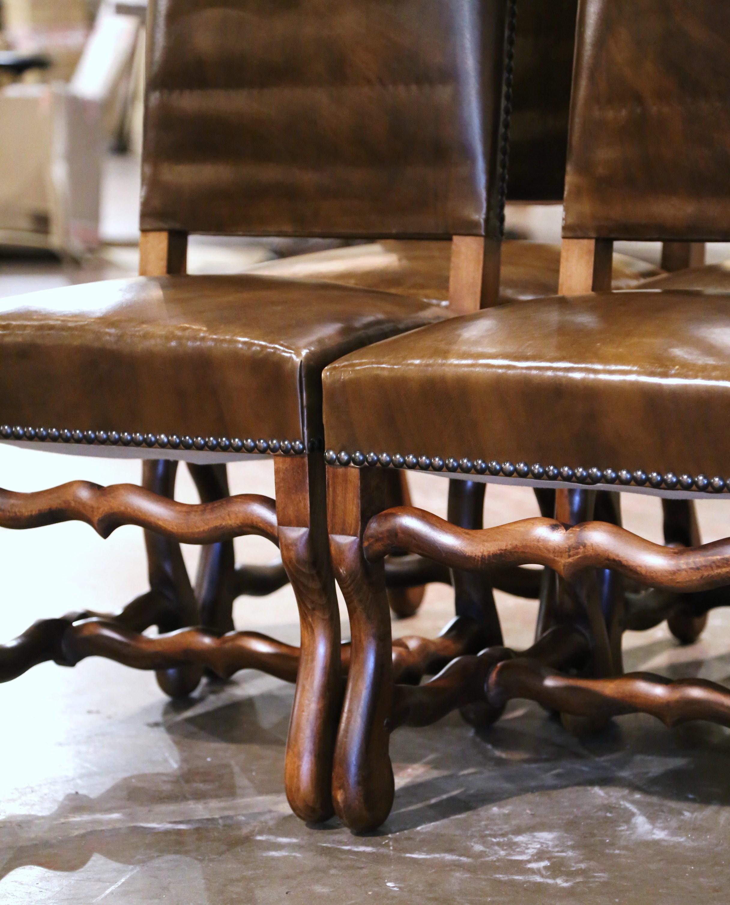 Mid-Century French Carved Louis XIII Chairs with Leather Upholstery - Set of Six In Excellent Condition In Dallas, TX