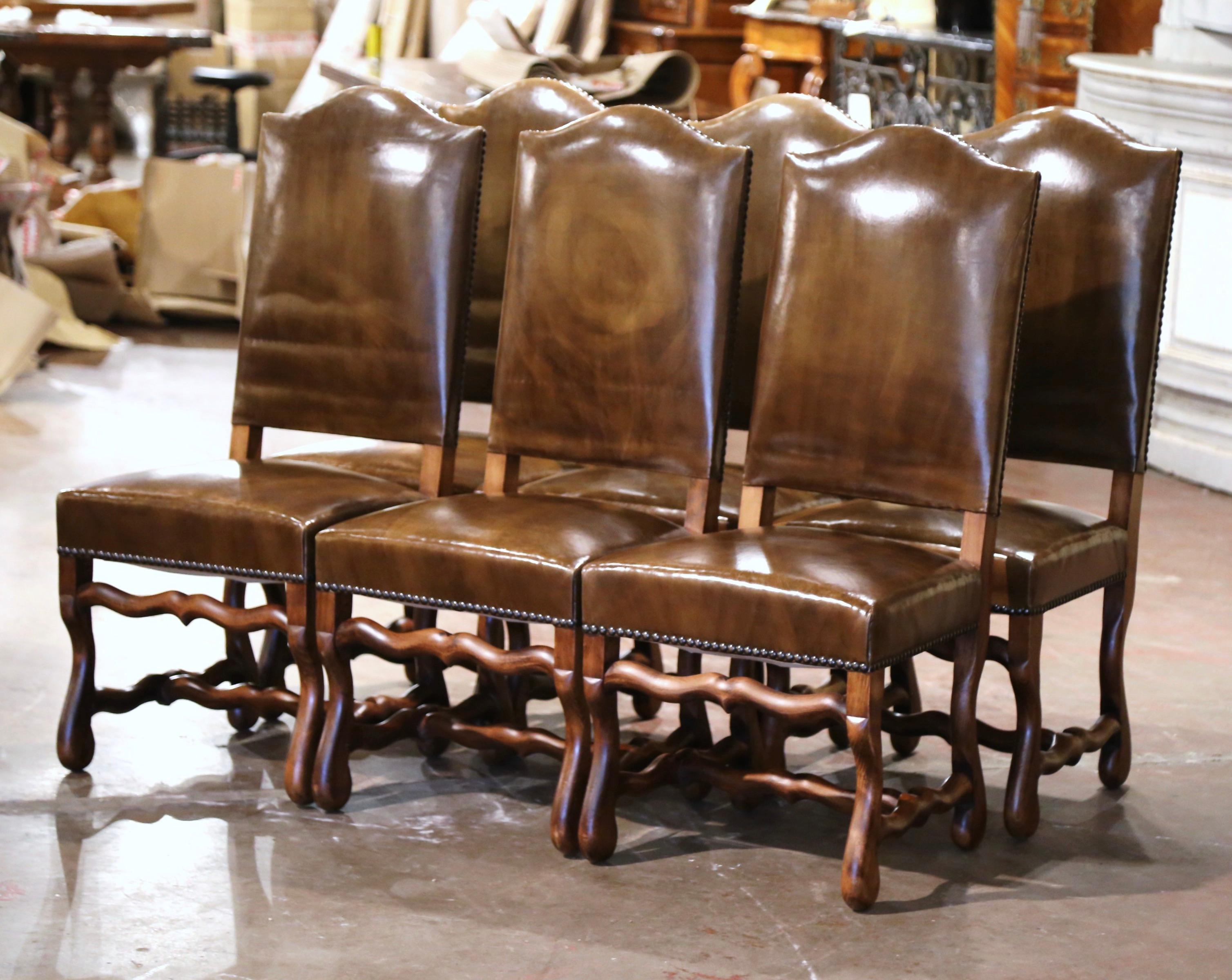 Beech Mid-Century French Carved Louis XIII Chairs with Leather Upholstery - Set of Six