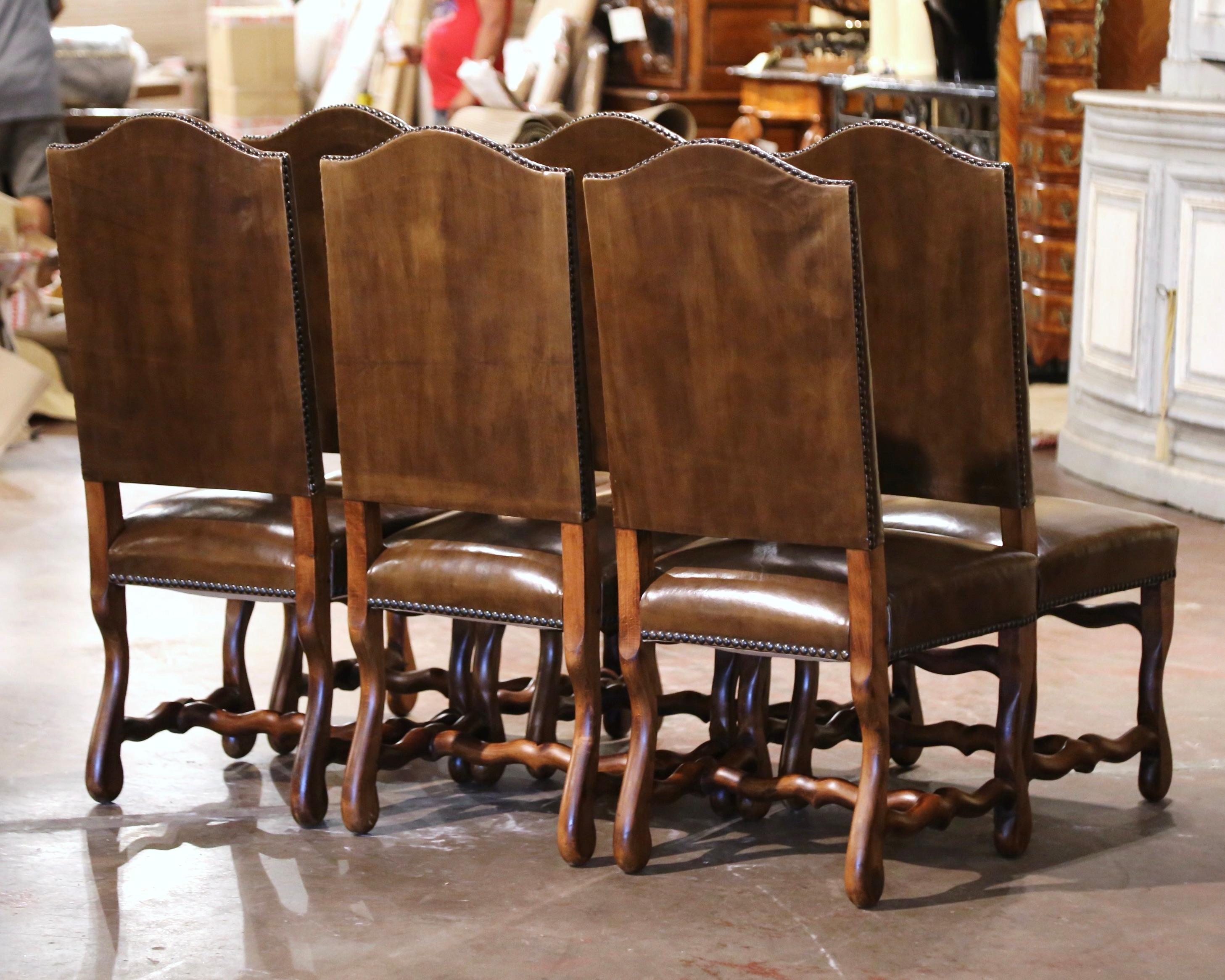 Mid-Century French Carved Louis XIII Chairs with Leather Upholstery - Set of Six 3