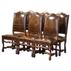Chaises Louis XIII françaises sculptées du milieu du siècle dernier avec tapisserie en cuir - Lot de six