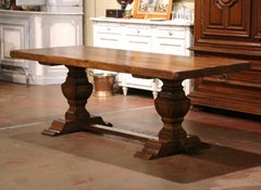Mid-Century French Carved Oak Farm Trestle Table on Double-Pedestal Base