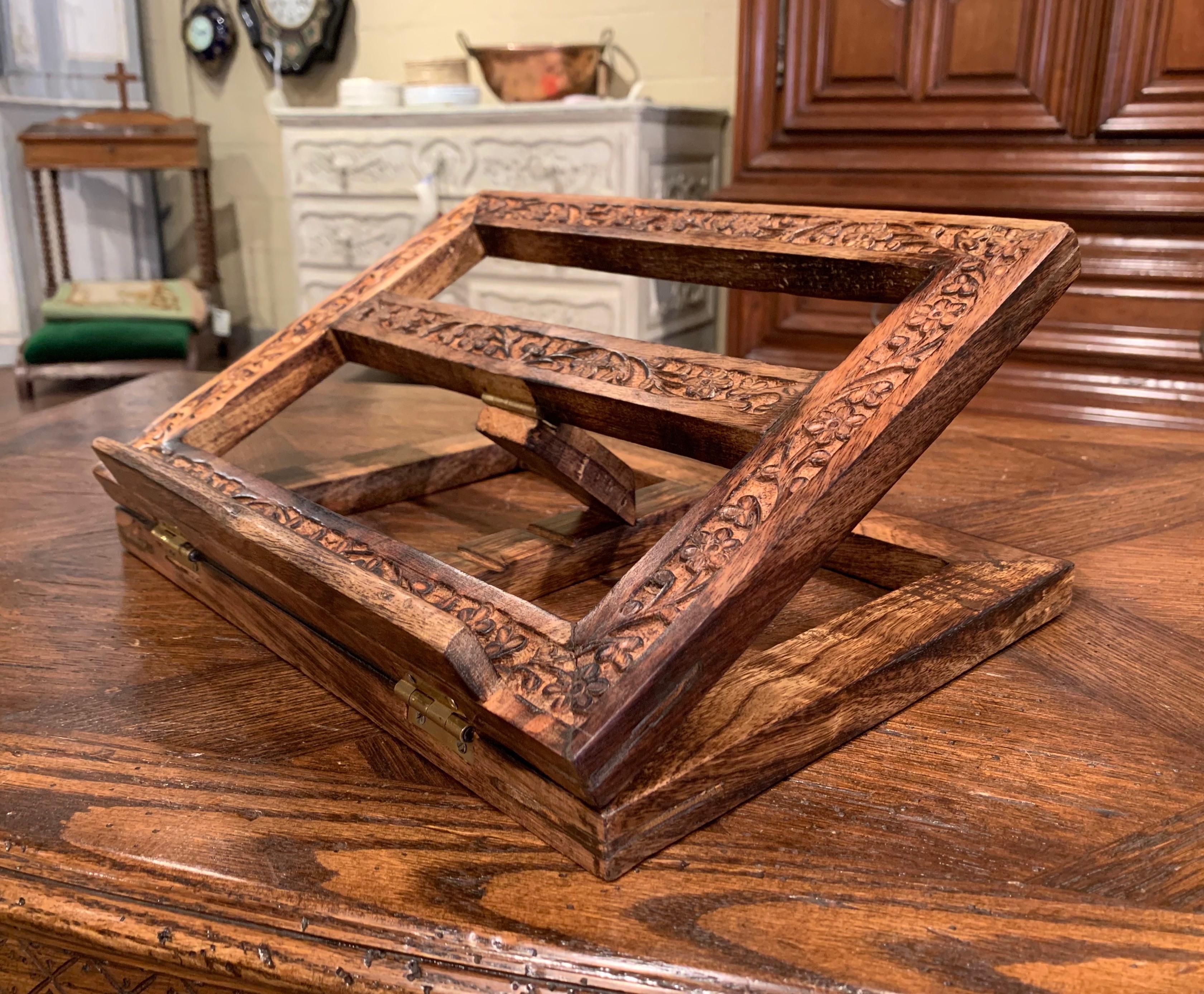 Country Midcentury French Carved Oak Folding Book Stand with Floral Motifs