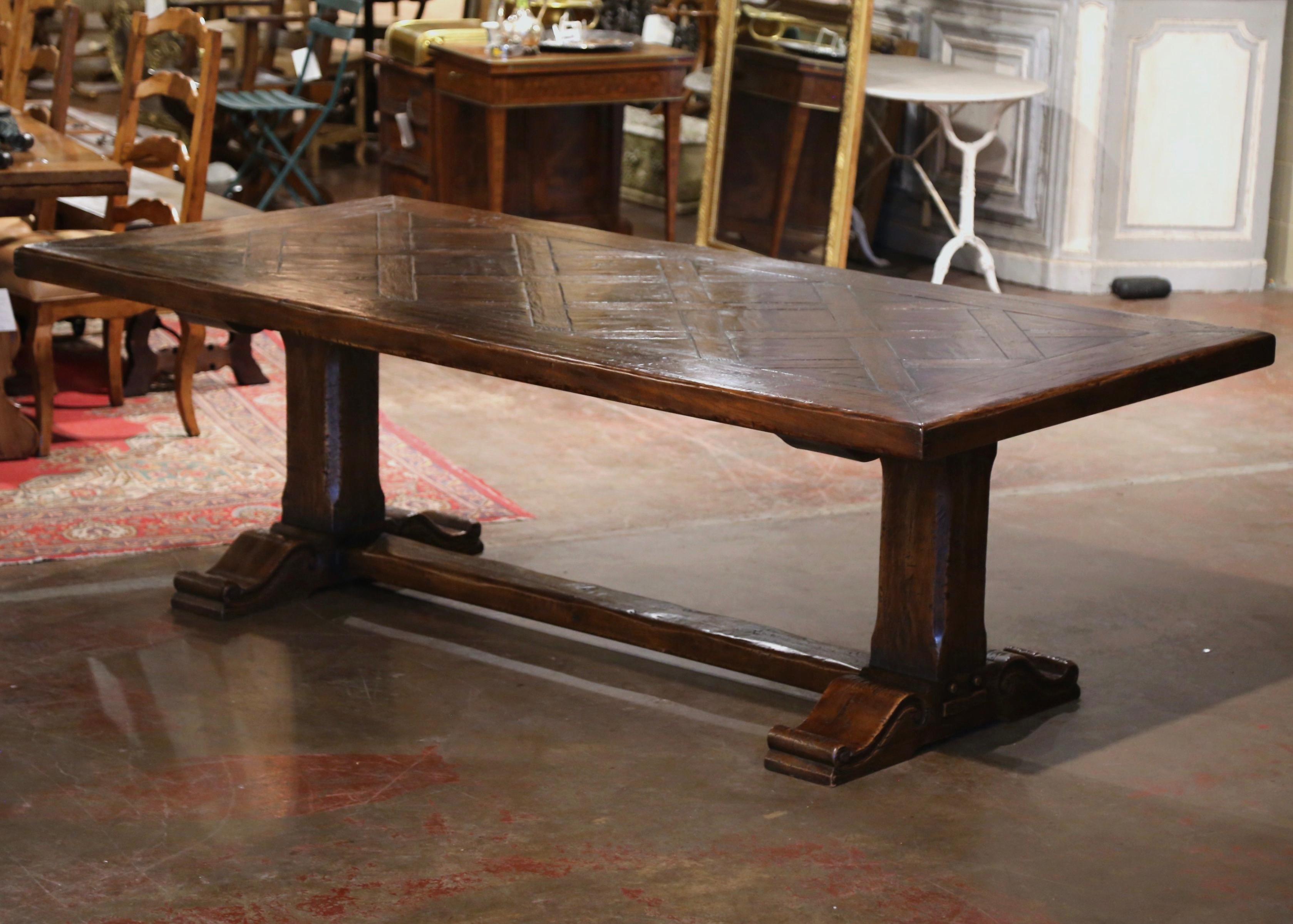 Hand-Carved Midcentury French Carved Parquet Top Walnut and Oak Monastery Trestle Table 