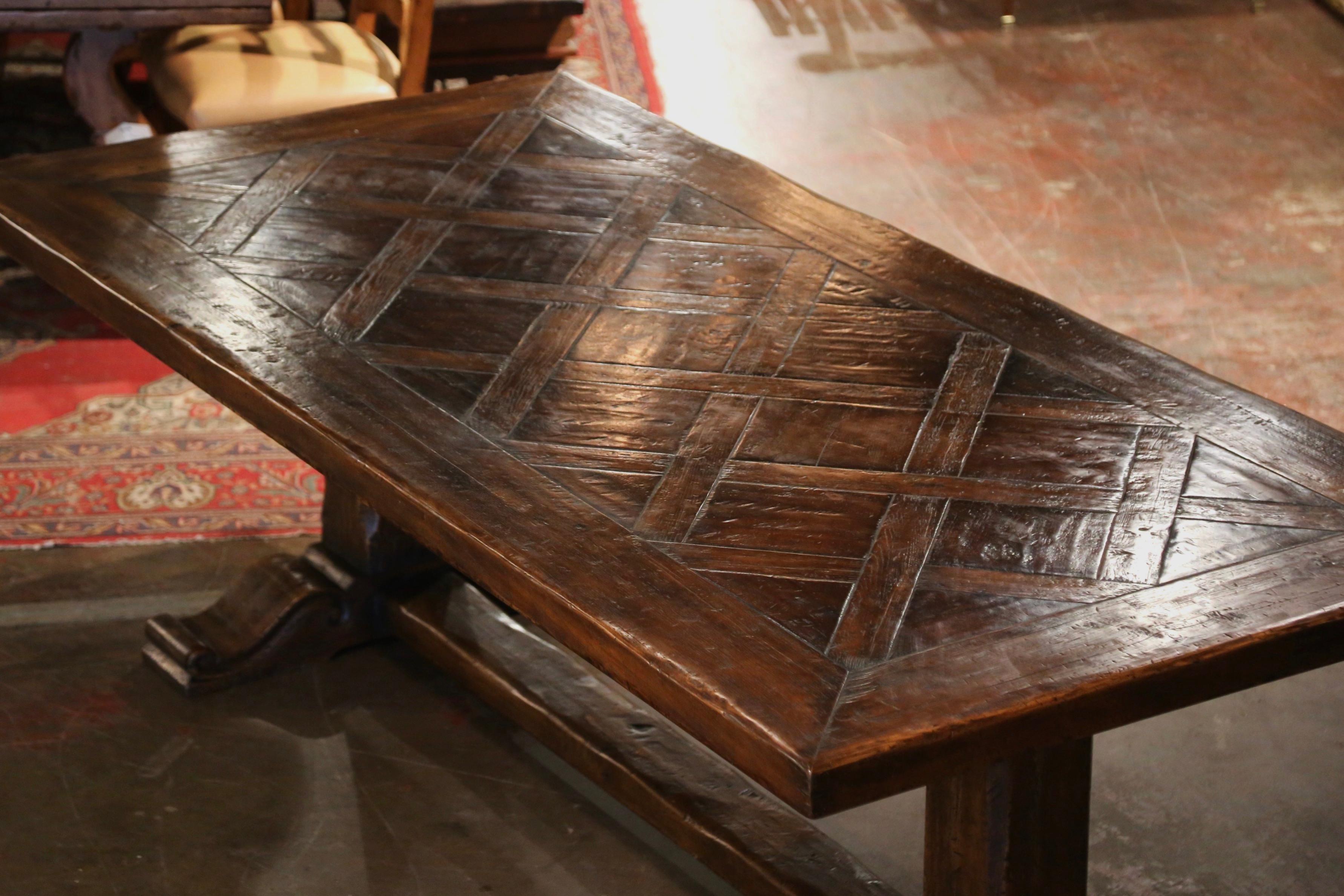 Midcentury French Carved Parquet Top Walnut and Oak Monastery Trestle Table  In Excellent Condition In Dallas, TX