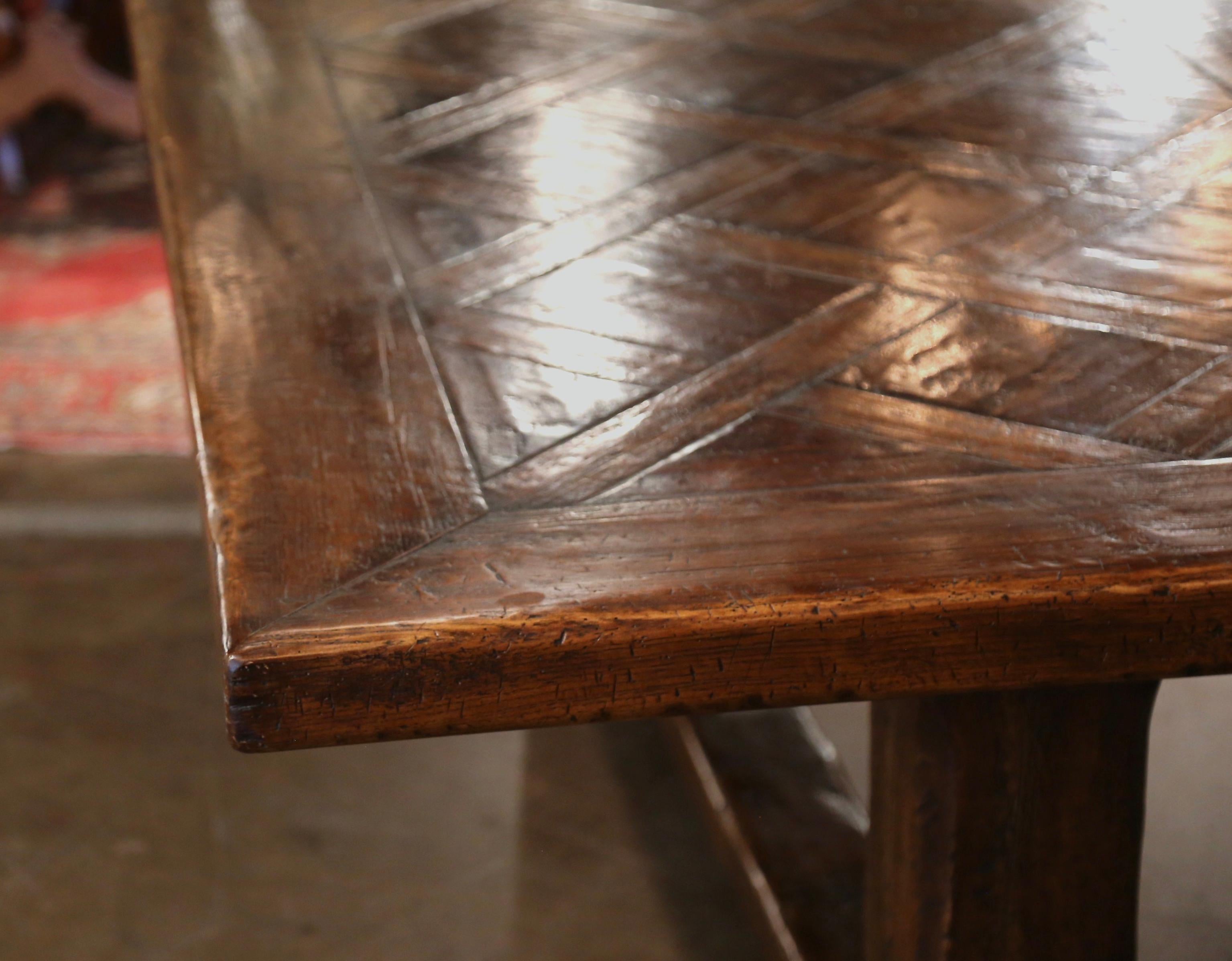 20th Century Midcentury French Carved Parquet Top Walnut and Oak Monastery Trestle Table 