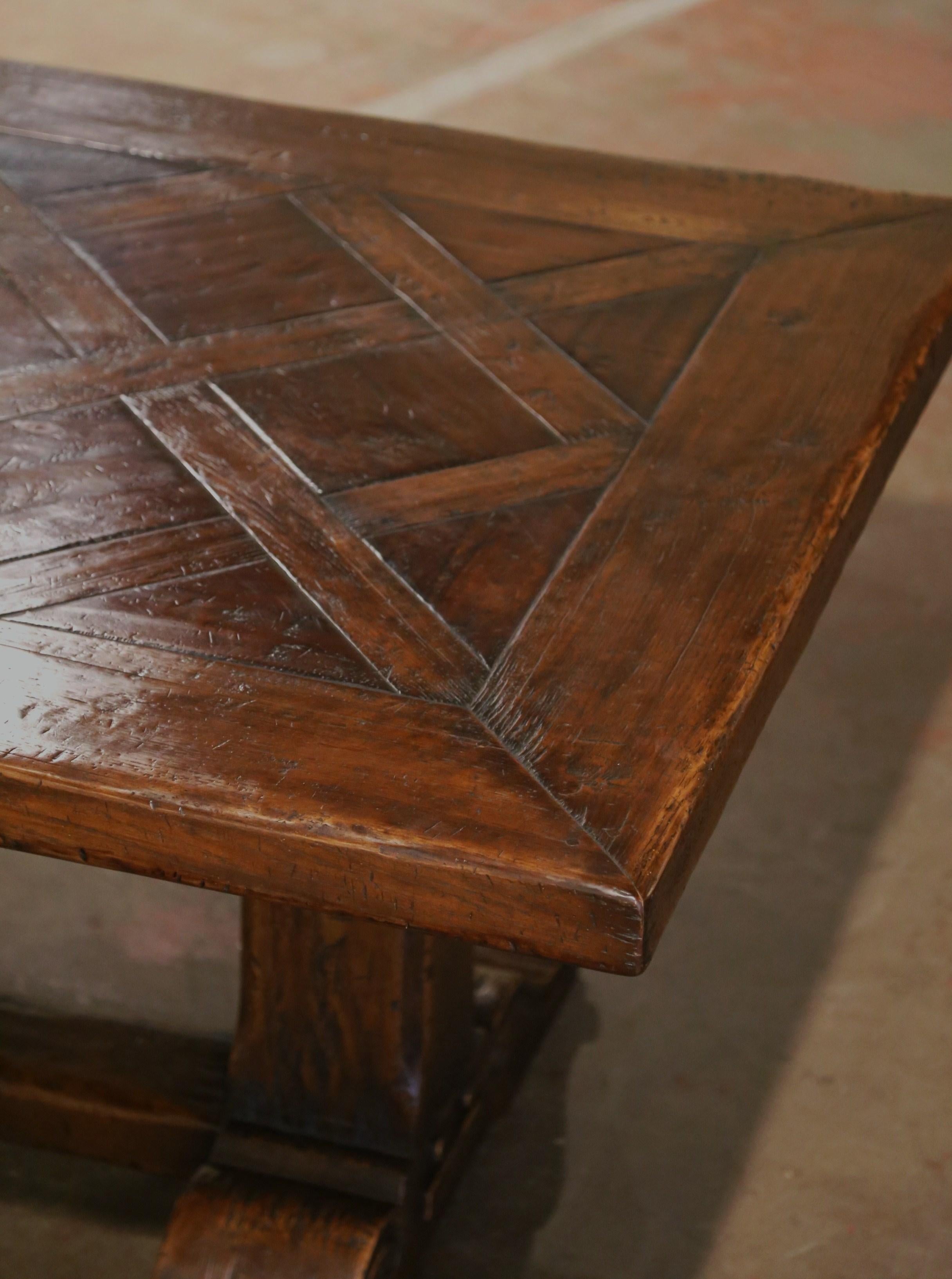 Chestnut Midcentury French Carved Parquet Top Walnut and Oak Monastery Trestle Table 