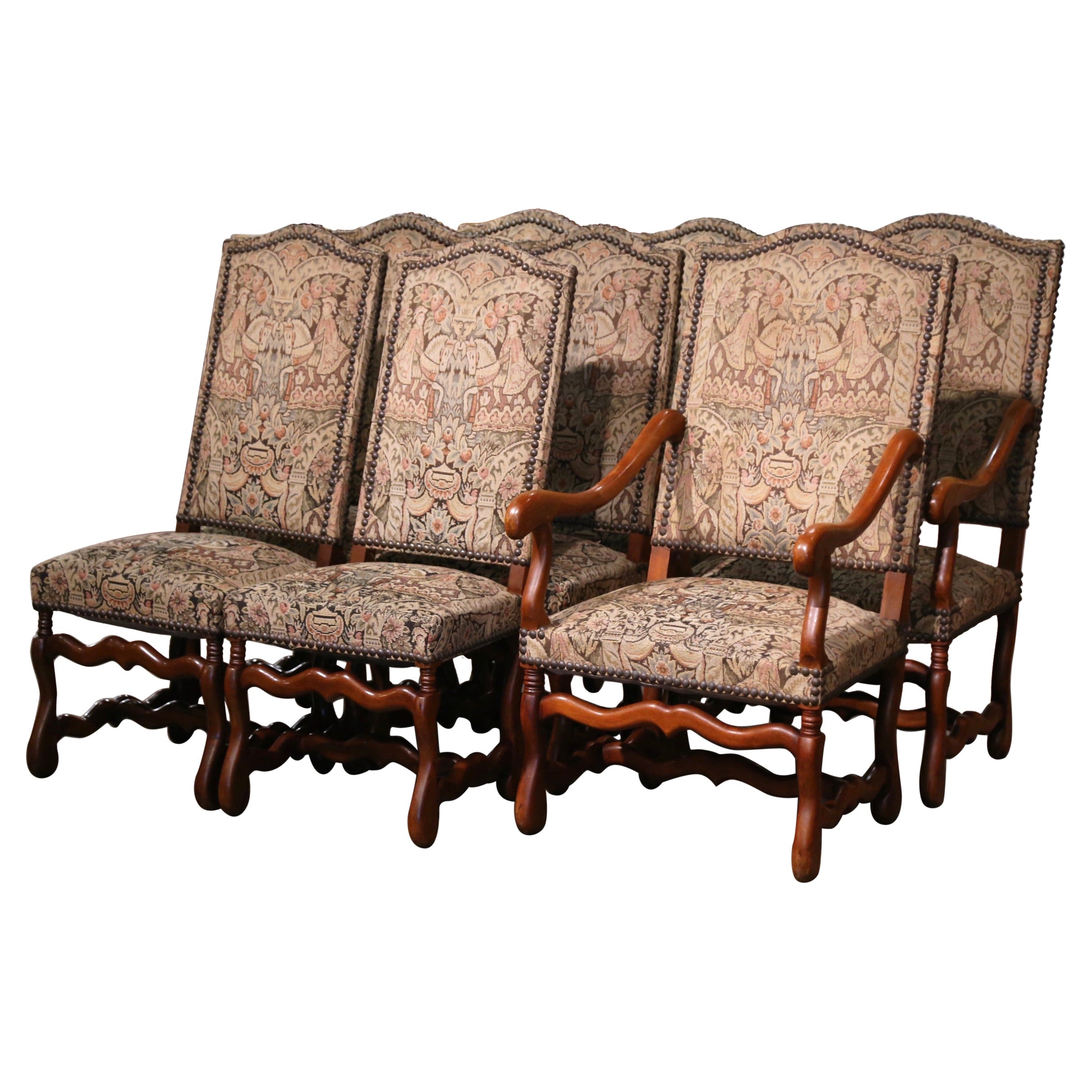 Französische geschnitzte Schafsknochen-Essstühle und -Sessel aus der Mitte des Jahrhunderts, 8er-Set im Angebot
