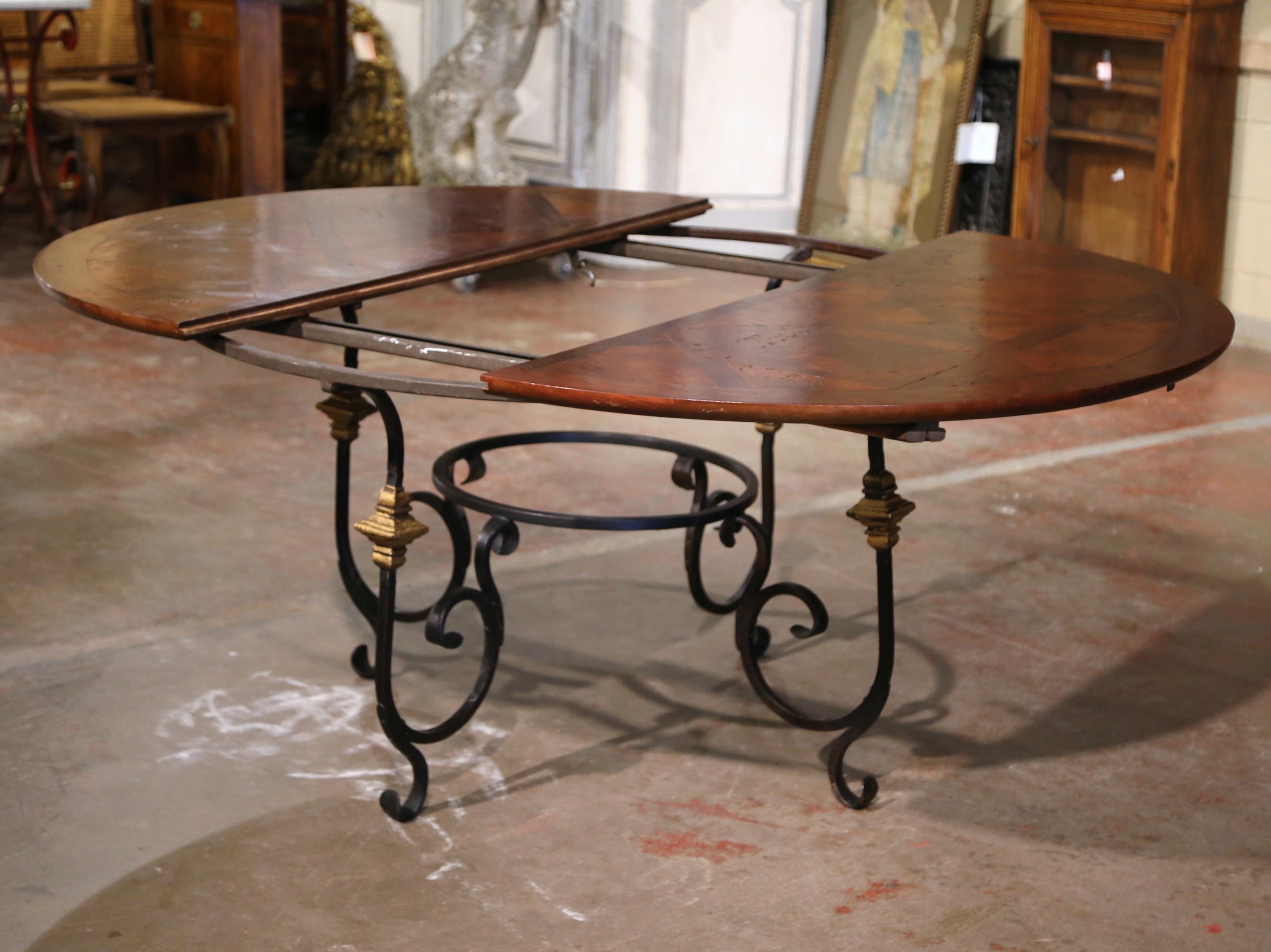 Mid-Century French Carved Walnut Dining Room Table on Wrought Iron Base w/ Leaf 5