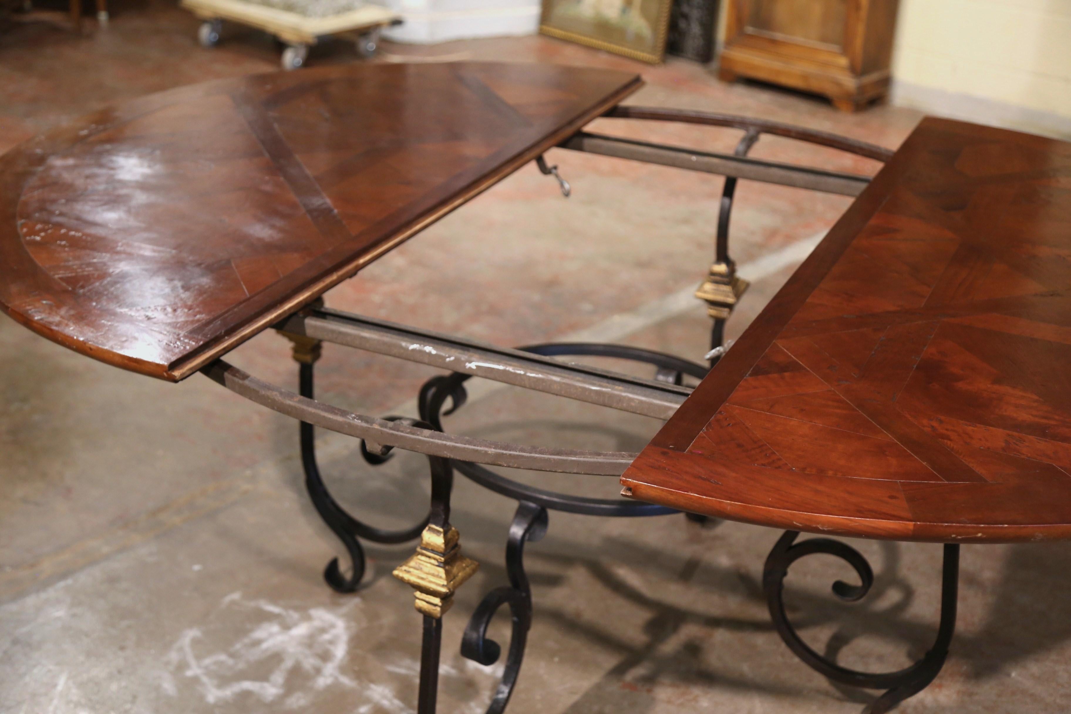 Mid-Century French Carved Walnut Dining Room Table on Wrought Iron Base w/ Leaf 6