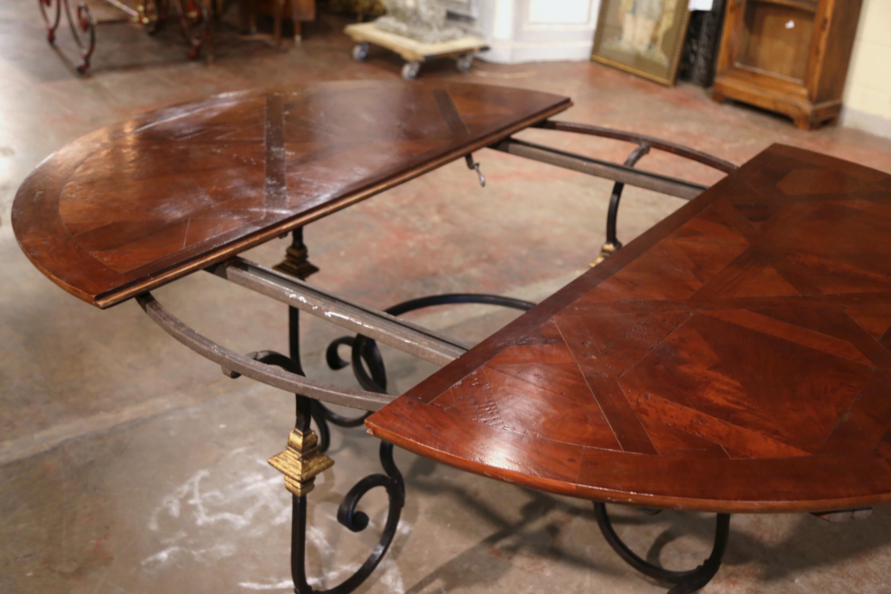Mid-Century French Carved Walnut Dining Room Table on Wrought Iron Base w/ Leaf 7
