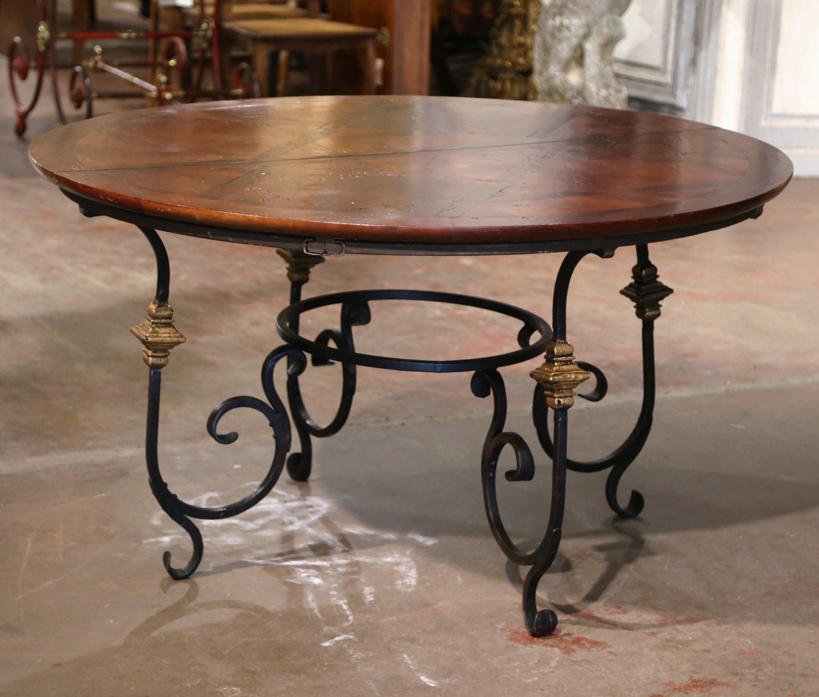 Mid-Century French Carved Walnut Dining Room Table on Wrought Iron Base w/ Leaf 8