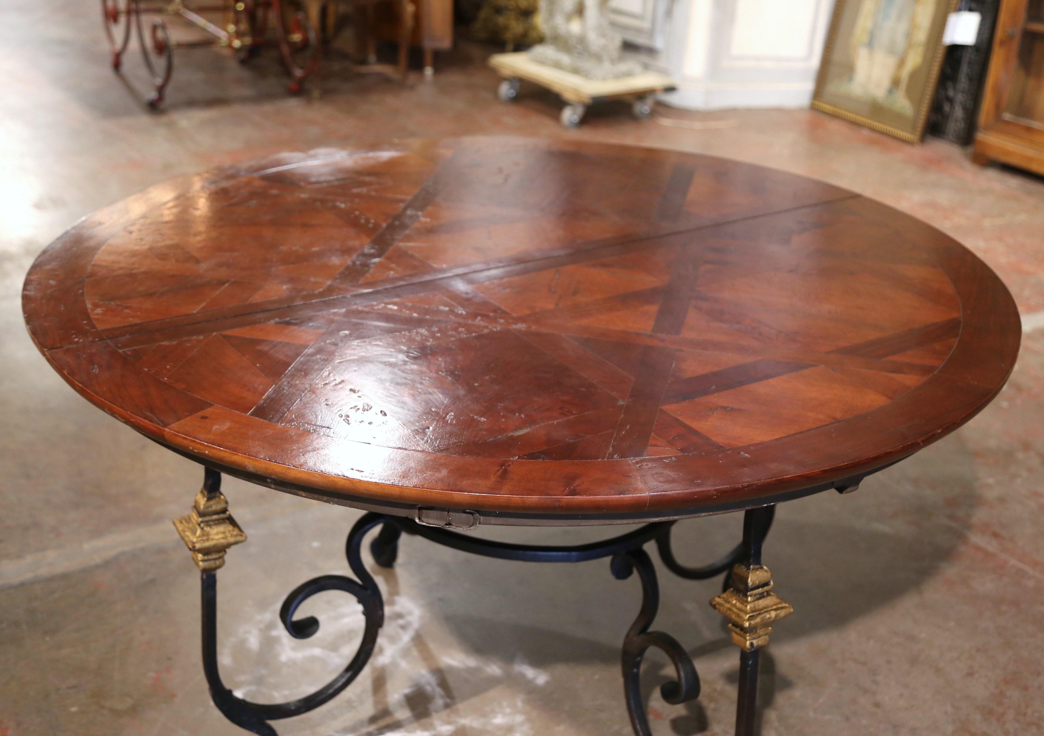 Mid-Century French Carved Walnut Dining Room Table on Wrought Iron Base w/ Leaf 9