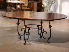 Mid-Century French Carved Walnut Dining Room Table on Wrought Iron Base w/ Leaf