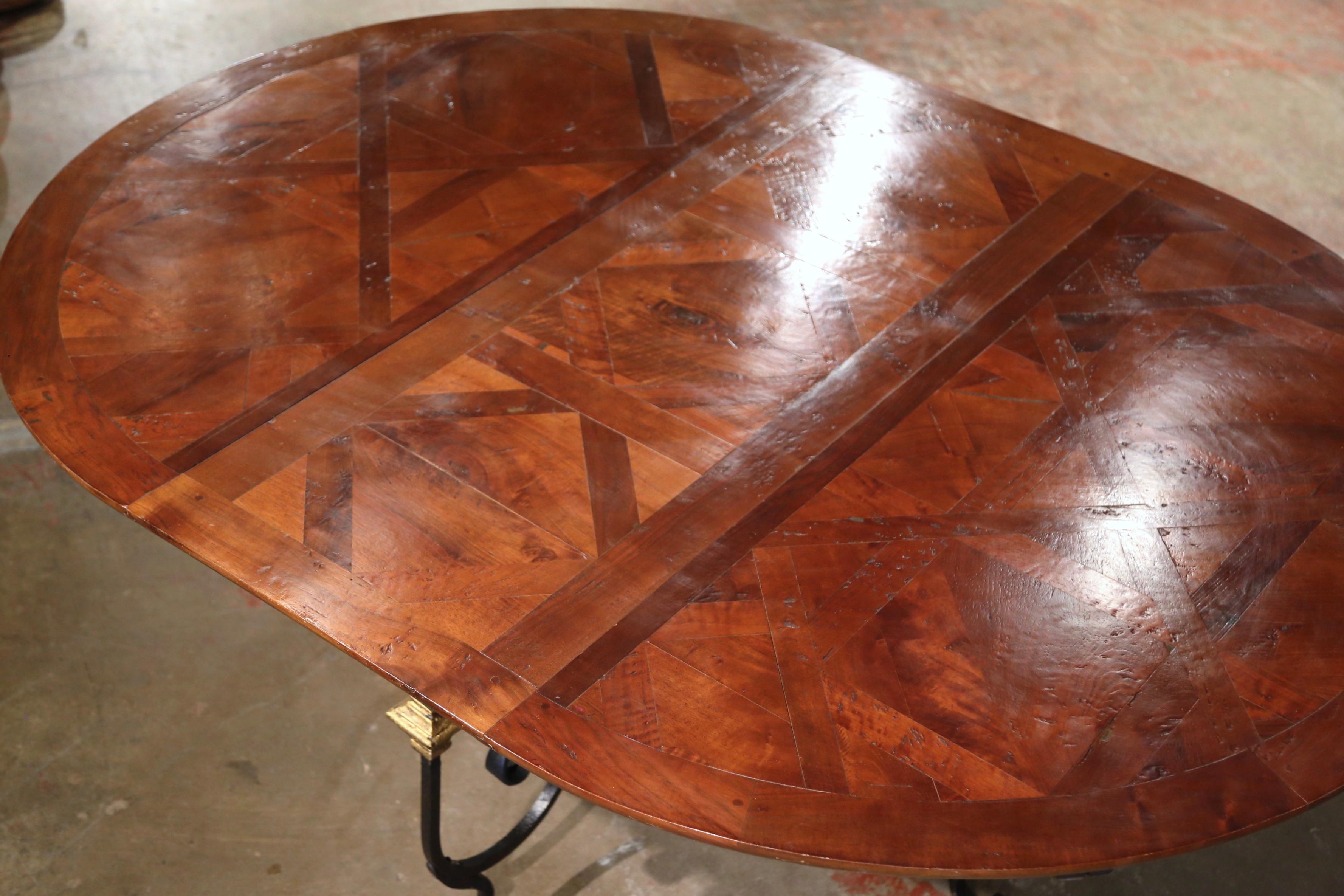 Forged Mid-Century French Carved Walnut Dining Room Table on Wrought Iron Base w/ Leaf