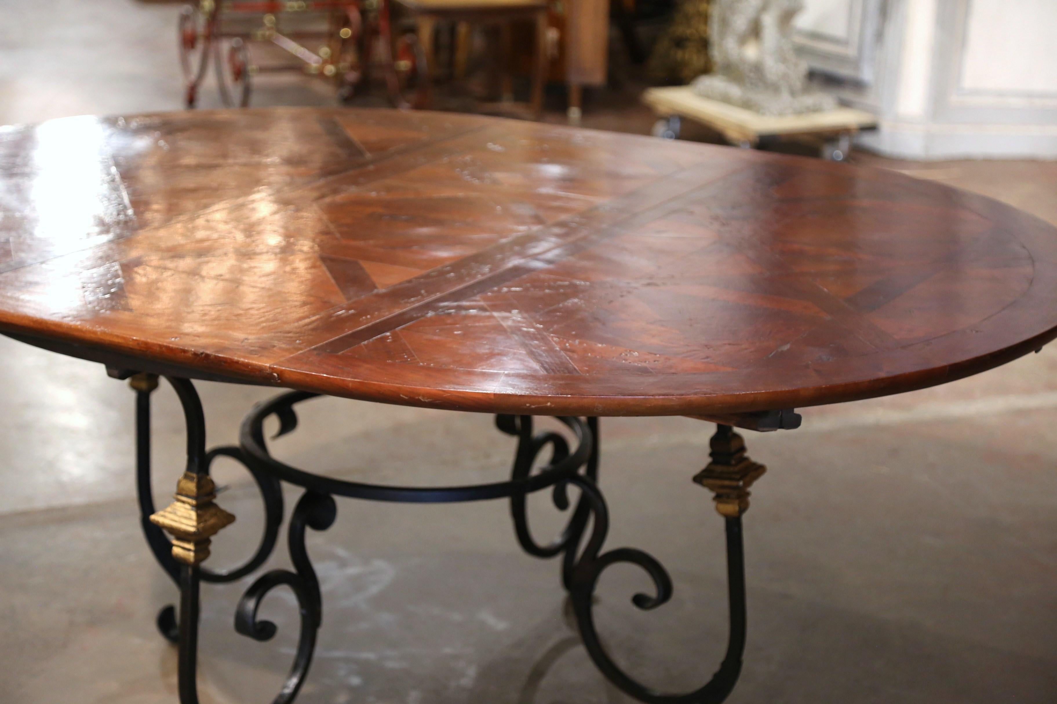 Mid-Century French Carved Walnut Dining Room Table on Wrought Iron Base w/ Leaf In Excellent Condition In Dallas, TX