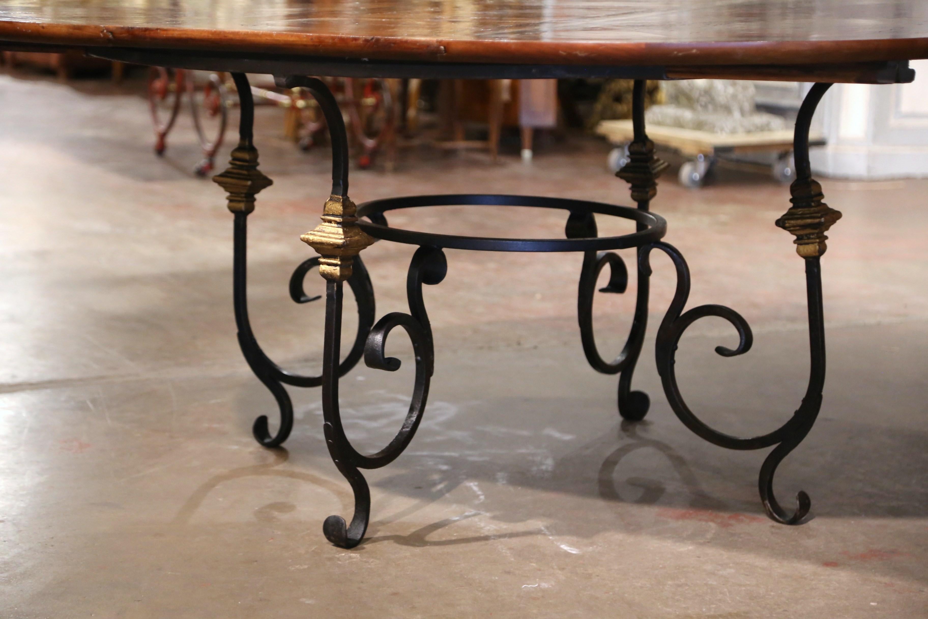 20th Century Mid-Century French Carved Walnut Dining Room Table on Wrought Iron Base w/ Leaf