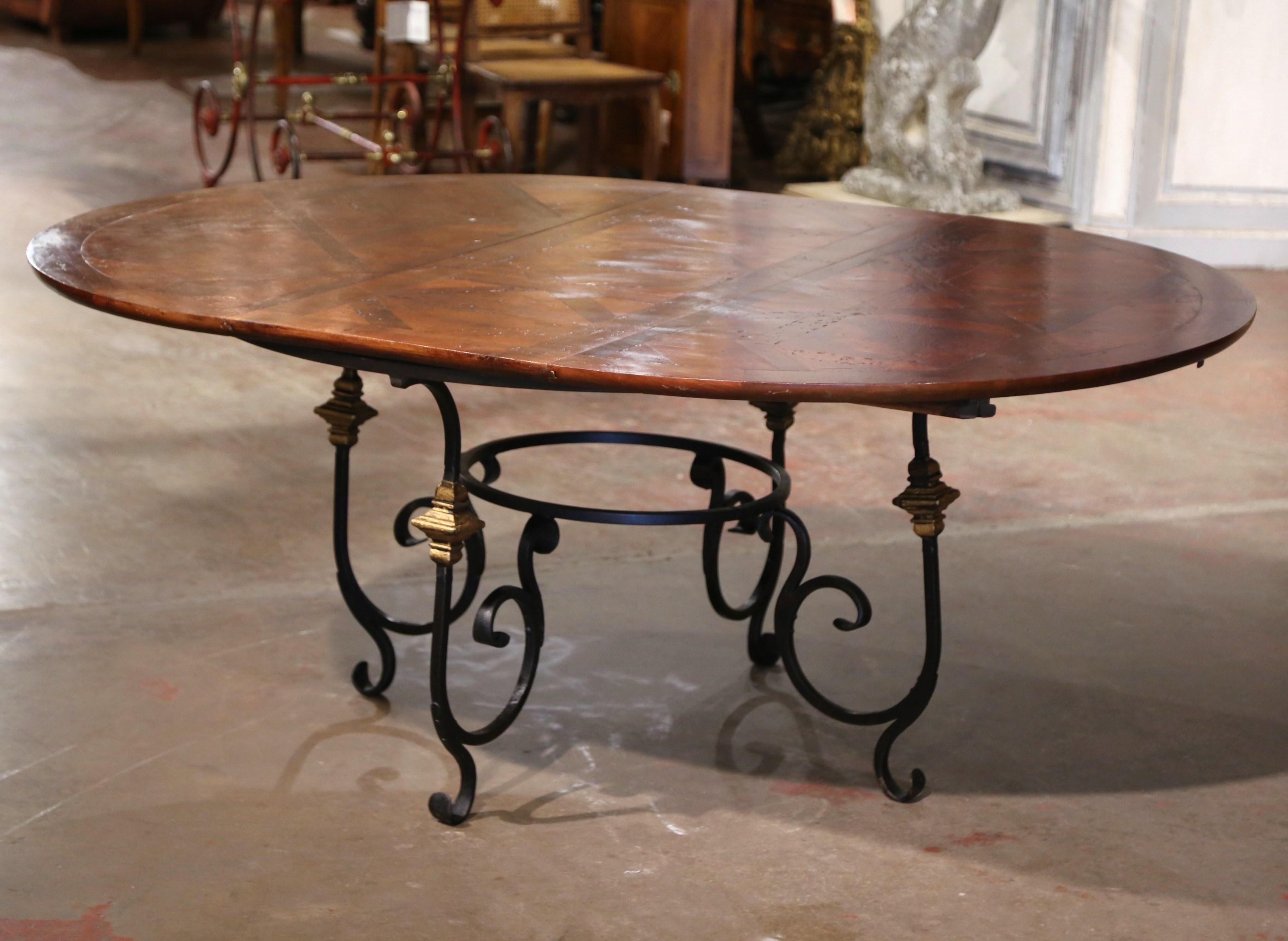 Mid-Century French Carved Walnut Dining Room Table on Wrought Iron Base w/ Leaf 1