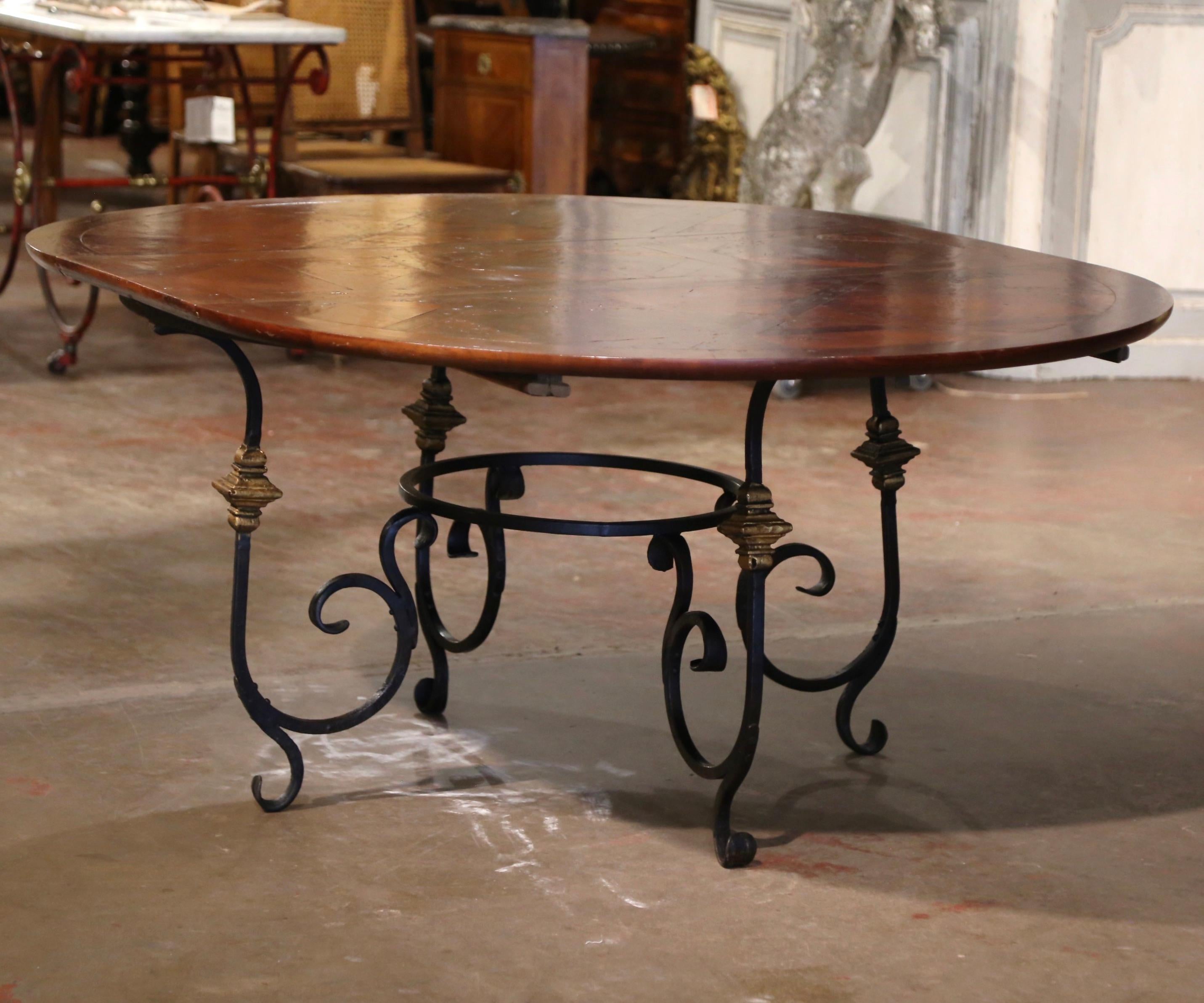 Mid-Century French Carved Walnut Dining Room Table on Wrought Iron Base w/ Leaf 2