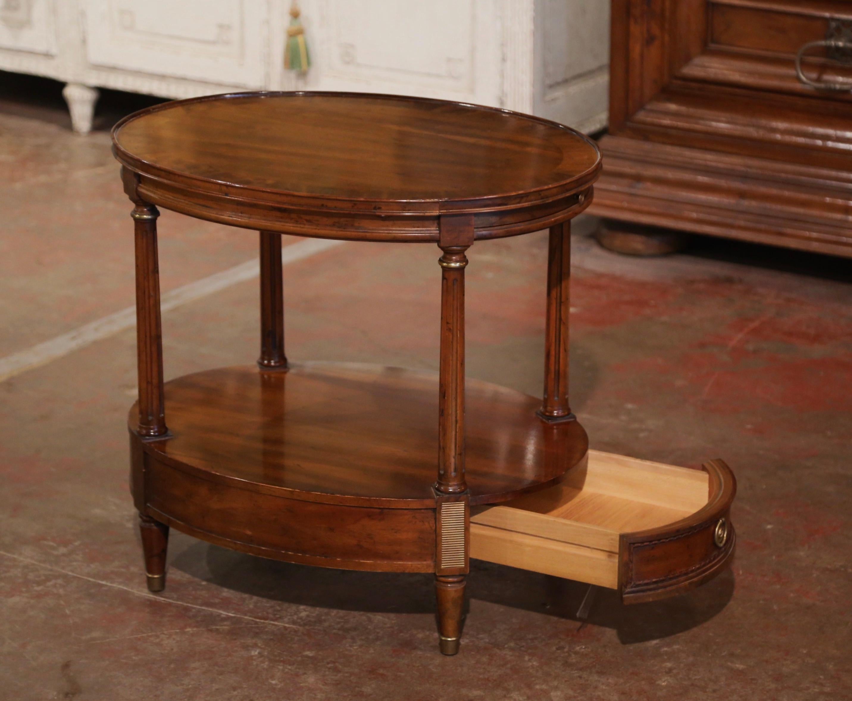 Mid-Century French Carved Walnut Oval Side Table with Marquetry Decor 4