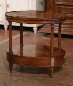Mid-Century French Carved Walnut Oval Side Table with Marquetry Decor