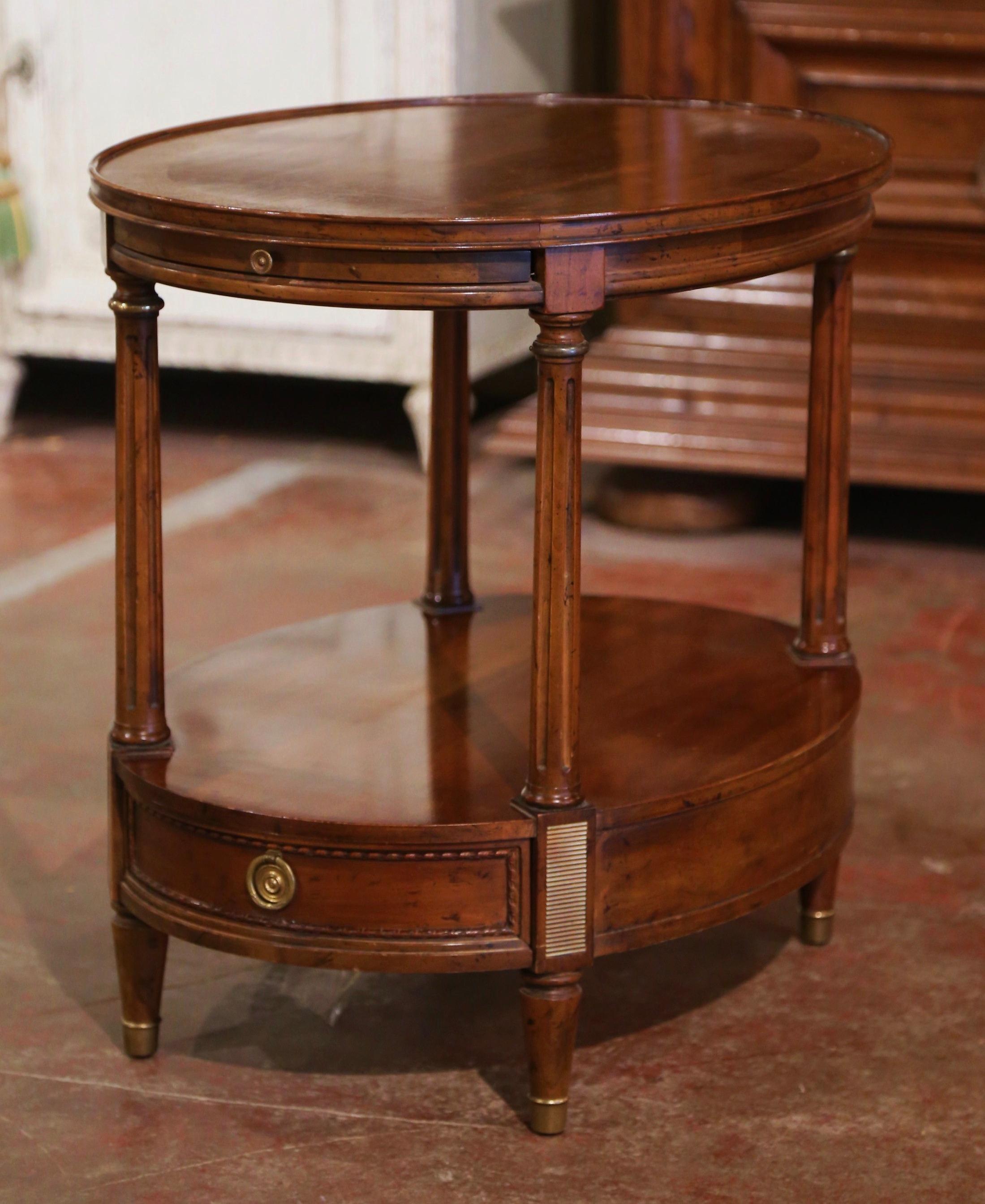 Louis XVI Mid-Century French Carved Walnut Oval Side Table with Marquetry Decor