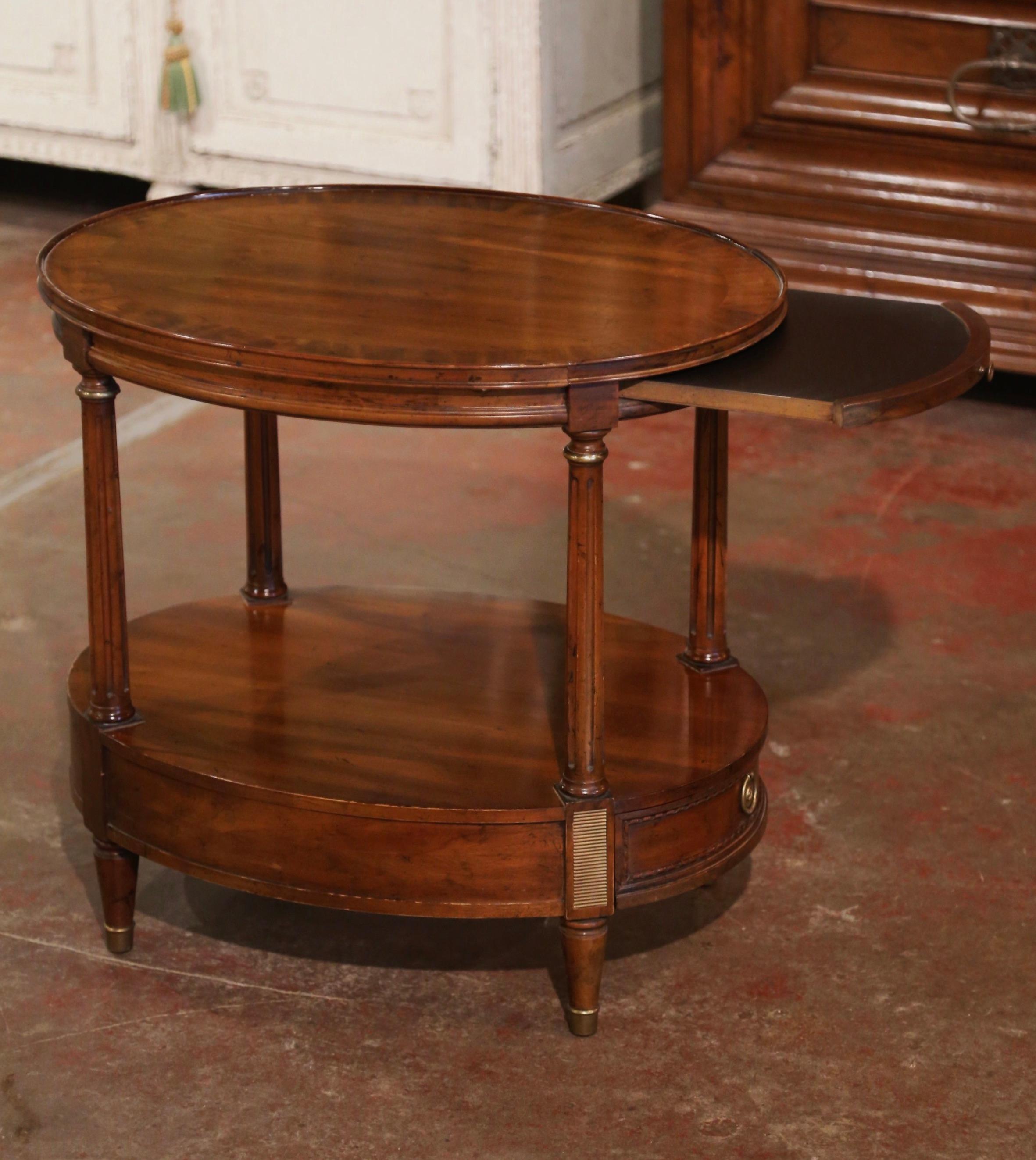 19th Century Mid-Century French Carved Walnut Oval Side Table with Marquetry Decor