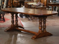 Midcentury French Carved Walnut Parquetry Oval Trestle Dining Table