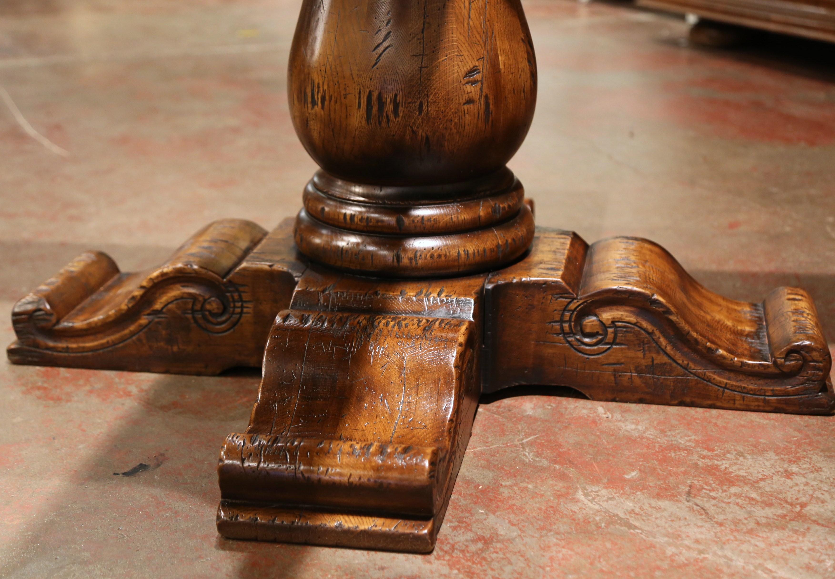 Mid-Century French Carved Walnut Pedestal Round Dining Table with Parquetry Top 2