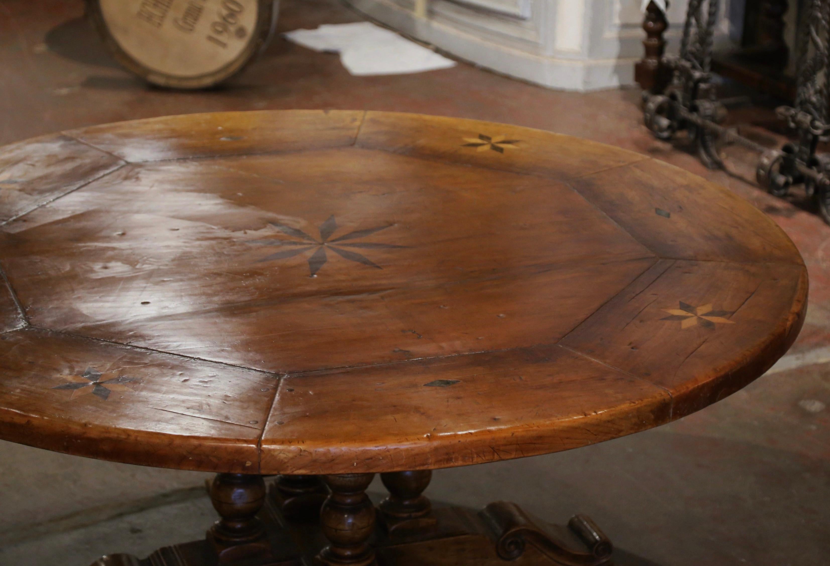 Louis XIII Mid-Century French Carved Walnut Pedestal Round Dining Table with Parquetry Top