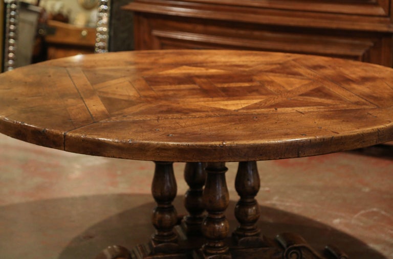 Midcentury French Carved Walnut Pedestal Round Dining Table with