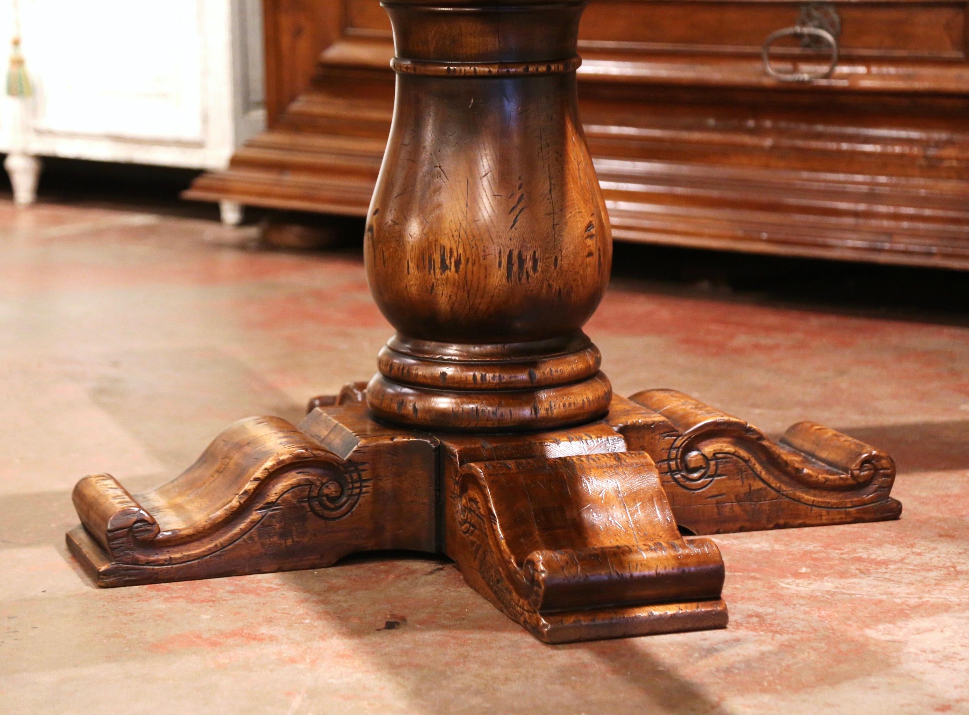 Louis XIII Mid-Century French Carved Walnut Pedestal Round Dining Table with Parquetry Top